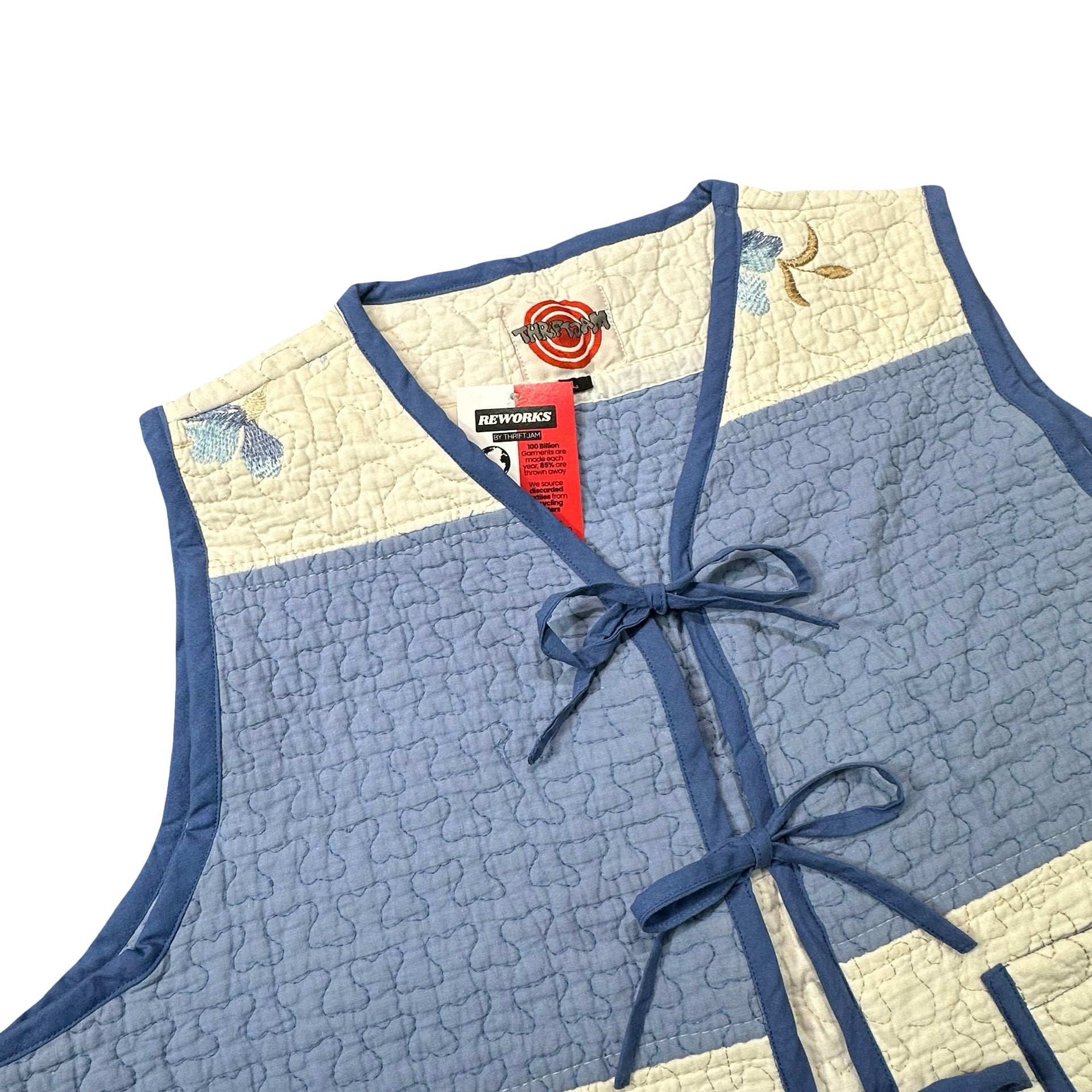 Chambray Butterfly Embroidery L quilted vest rework - tie closures