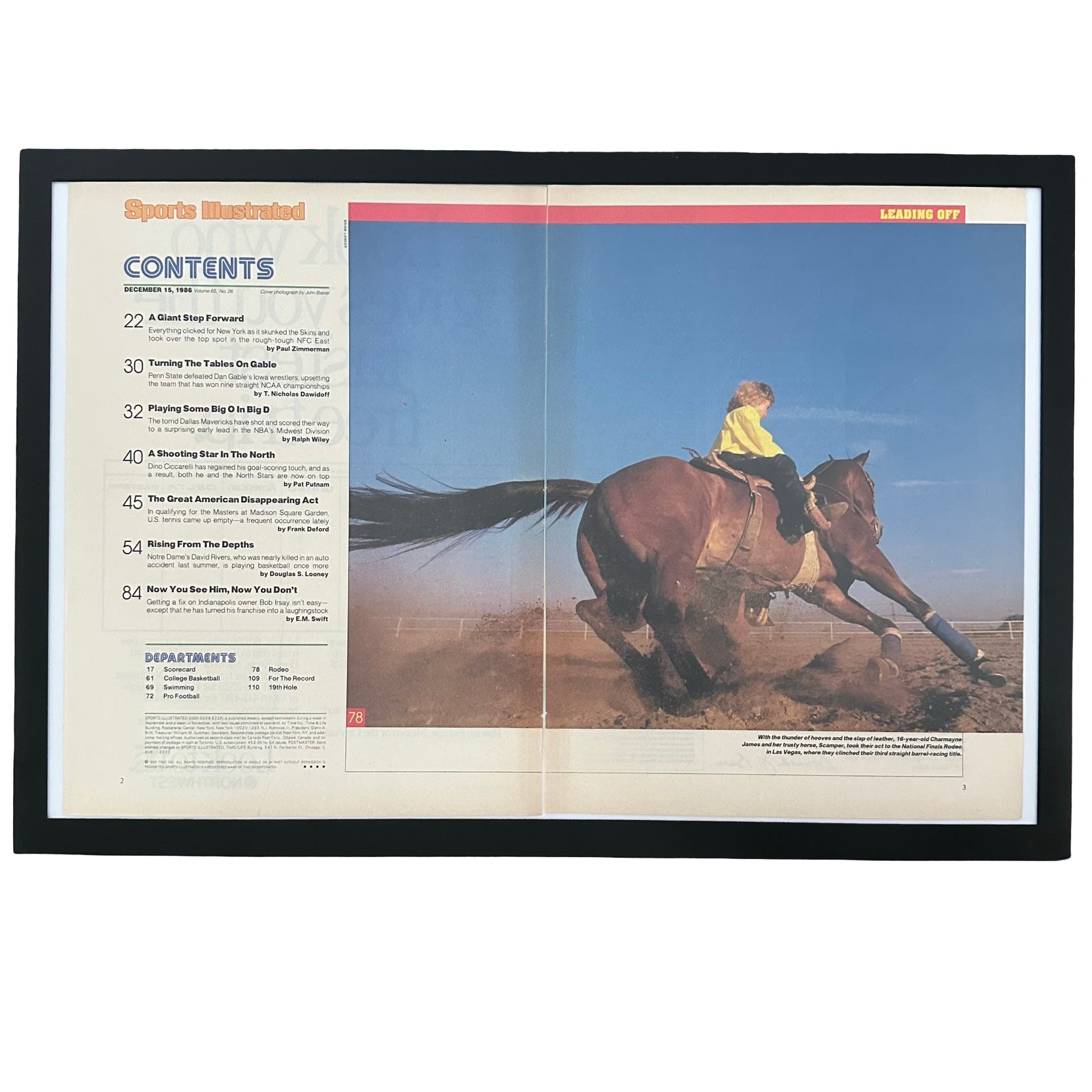 Framed vintage Sports Illustrated contents page with rodeo barrel racing photo on white background
