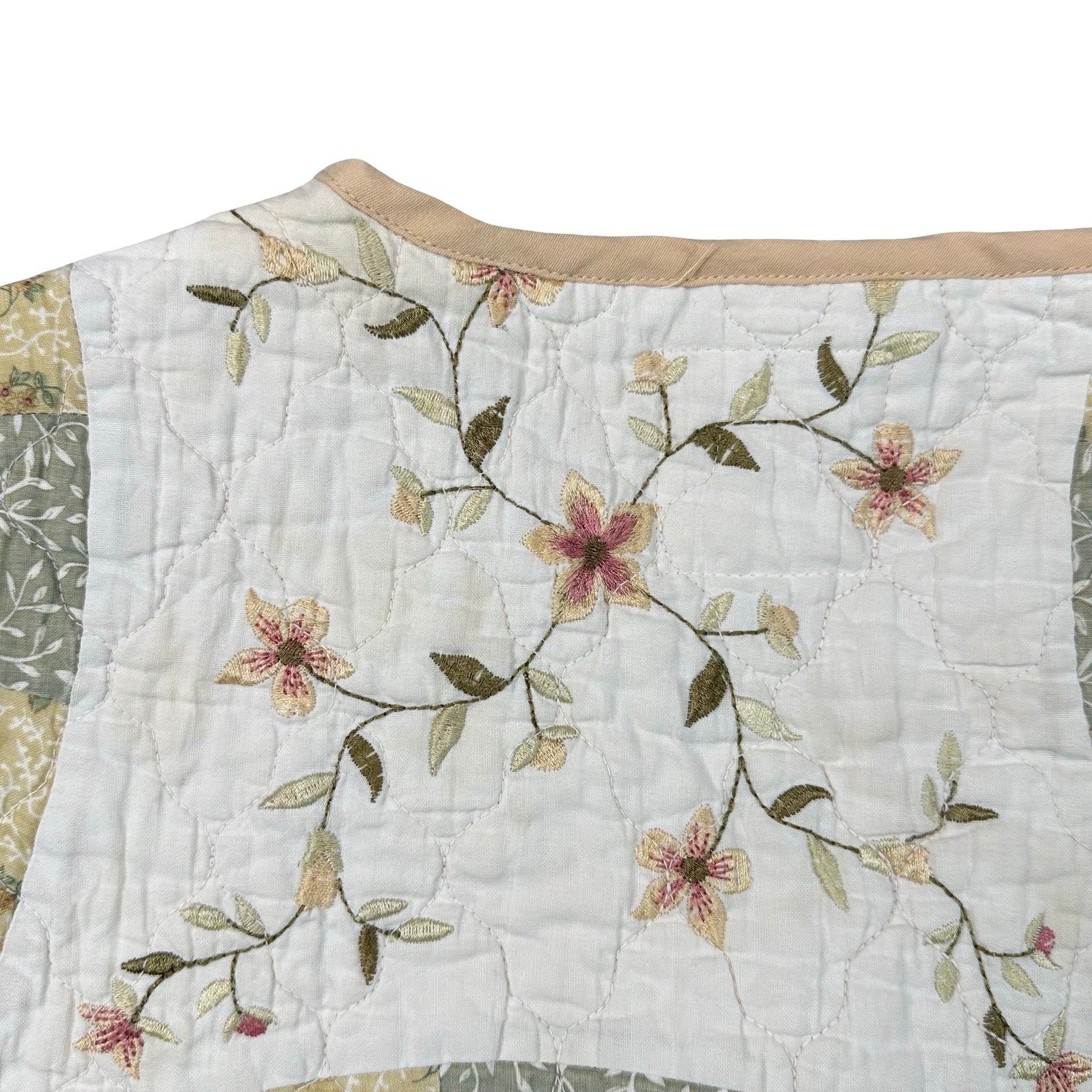 Sage Embroidered Wedding Ring XL quilted vest rework, embroidered floral detail