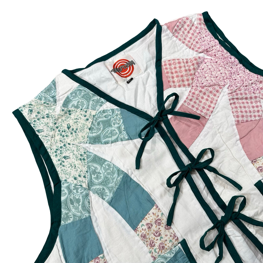 Teal & Rose Wedding Ring XL quilted vest rework, front tie closures