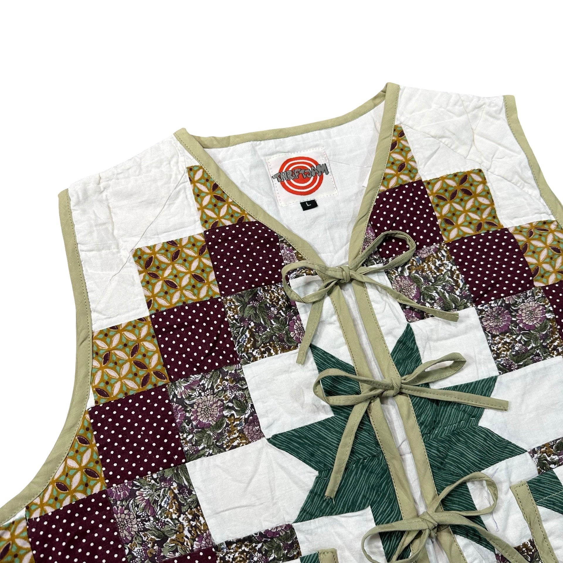 Plum Nine Patch Star L quilted vest rework - tie closures