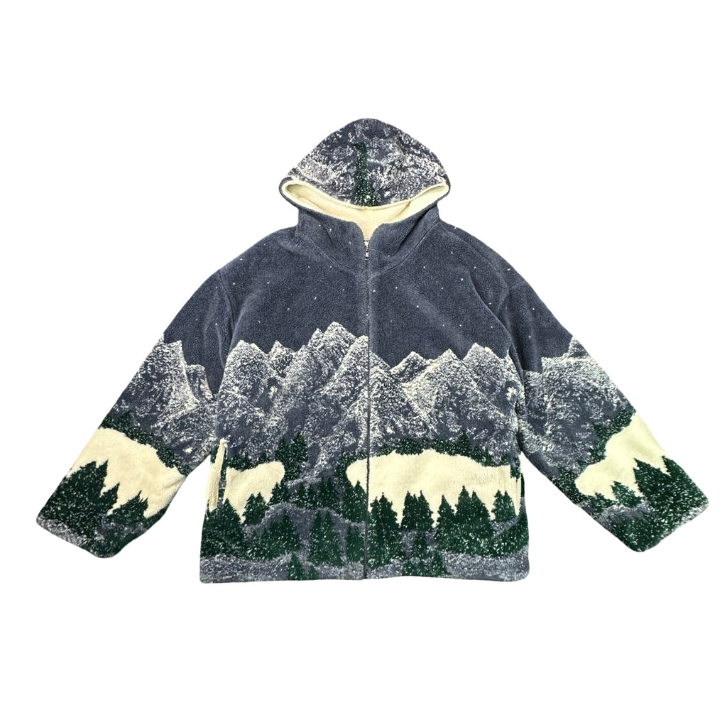Vintage Country Woods Sherpa Lined Mountain Wolf Print Fleece Zip Jacket 2XL