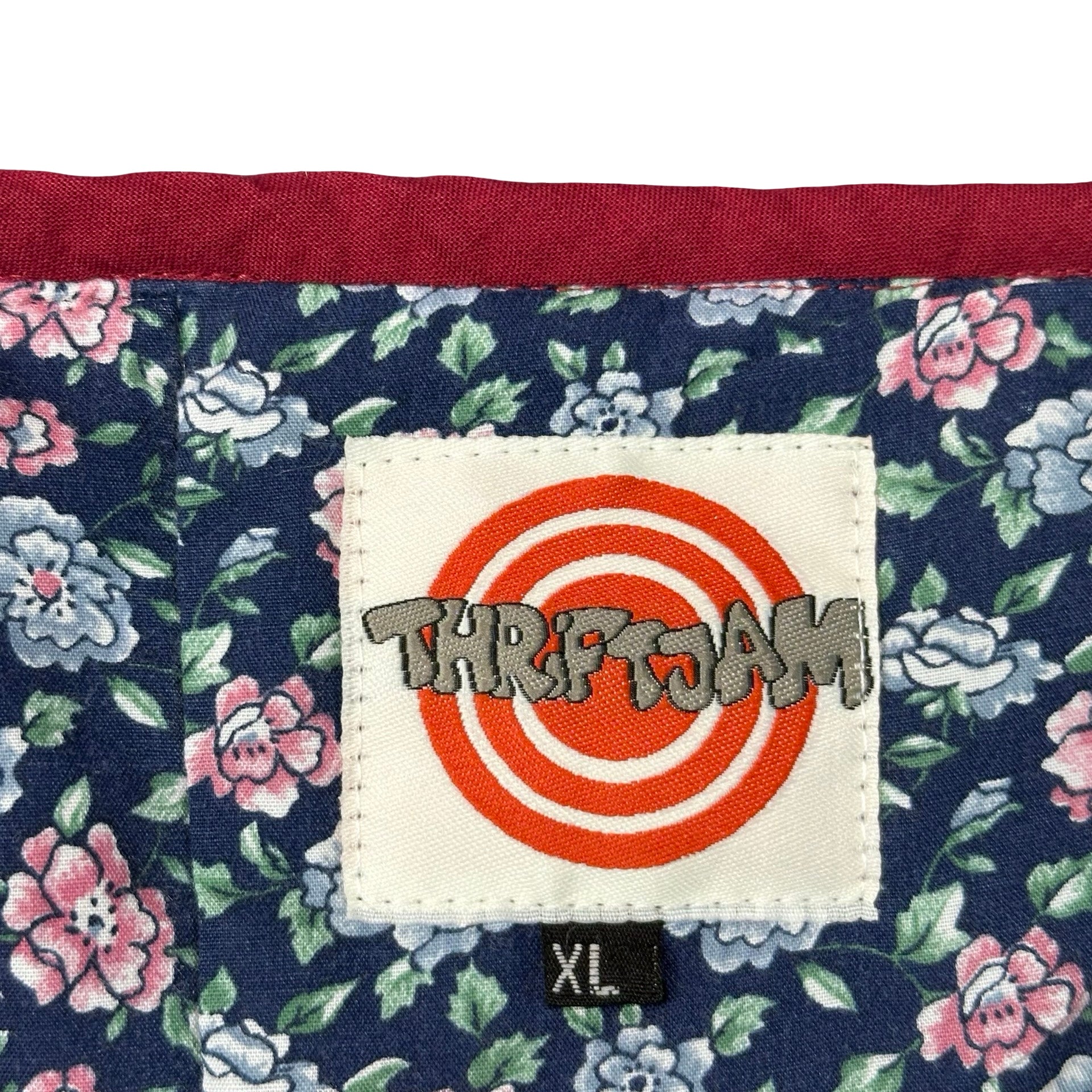 Burgundy Rose Log Cabin XL quilted vest rework, ThriftJam size XL label