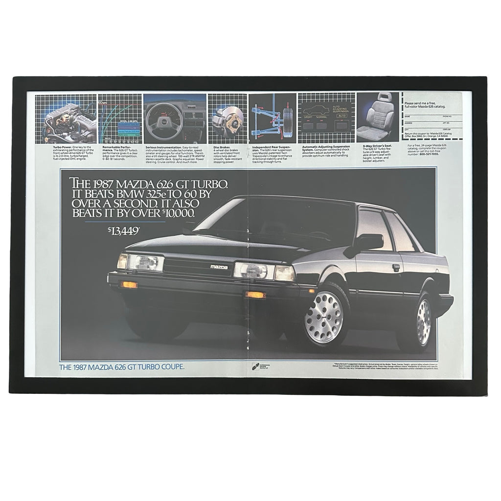 Framed vintage 1987 Mazda 626 GT Turbo double page magazine ad on white background