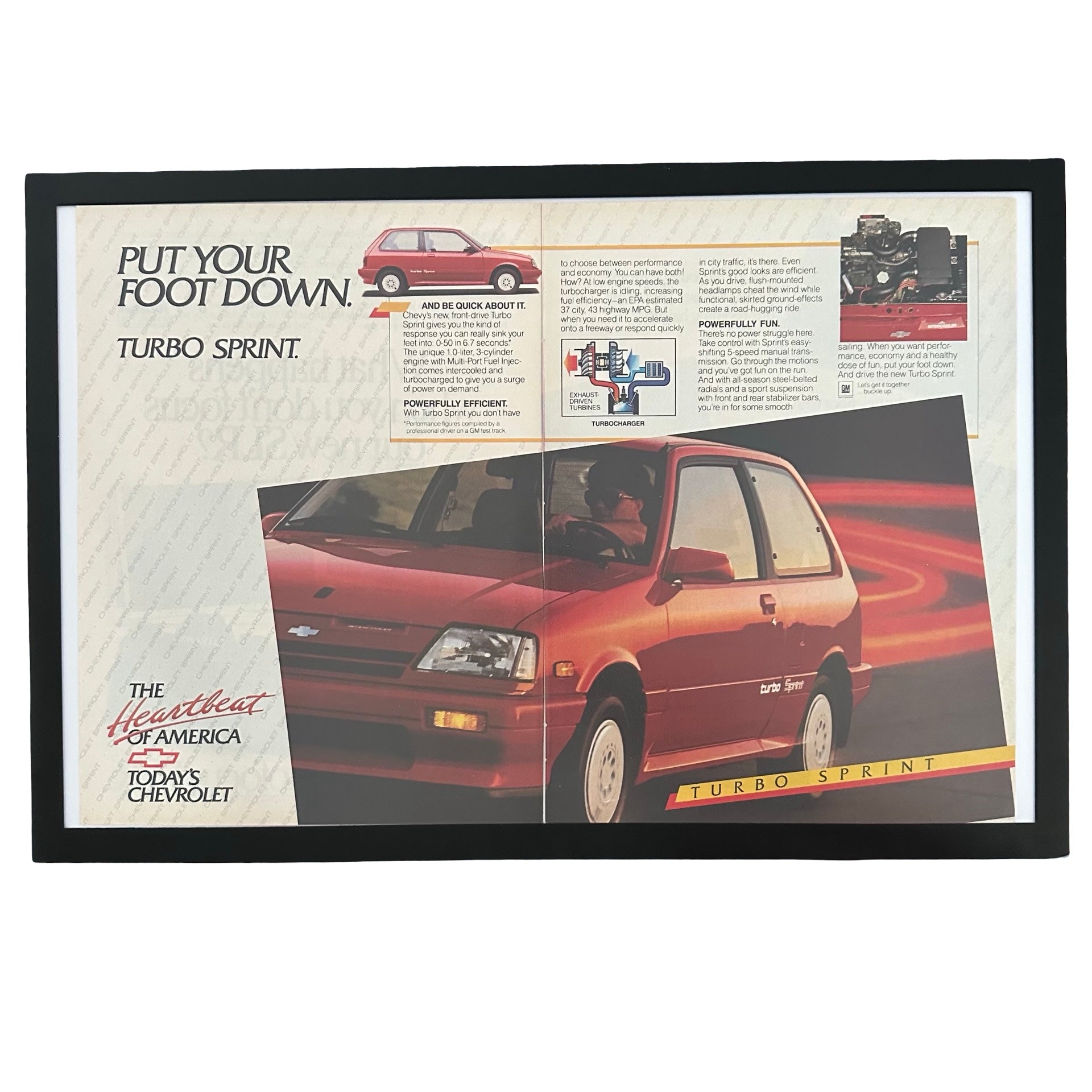 Framed vintage Chevrolet Turbo Sprint double page magazine ad on white background