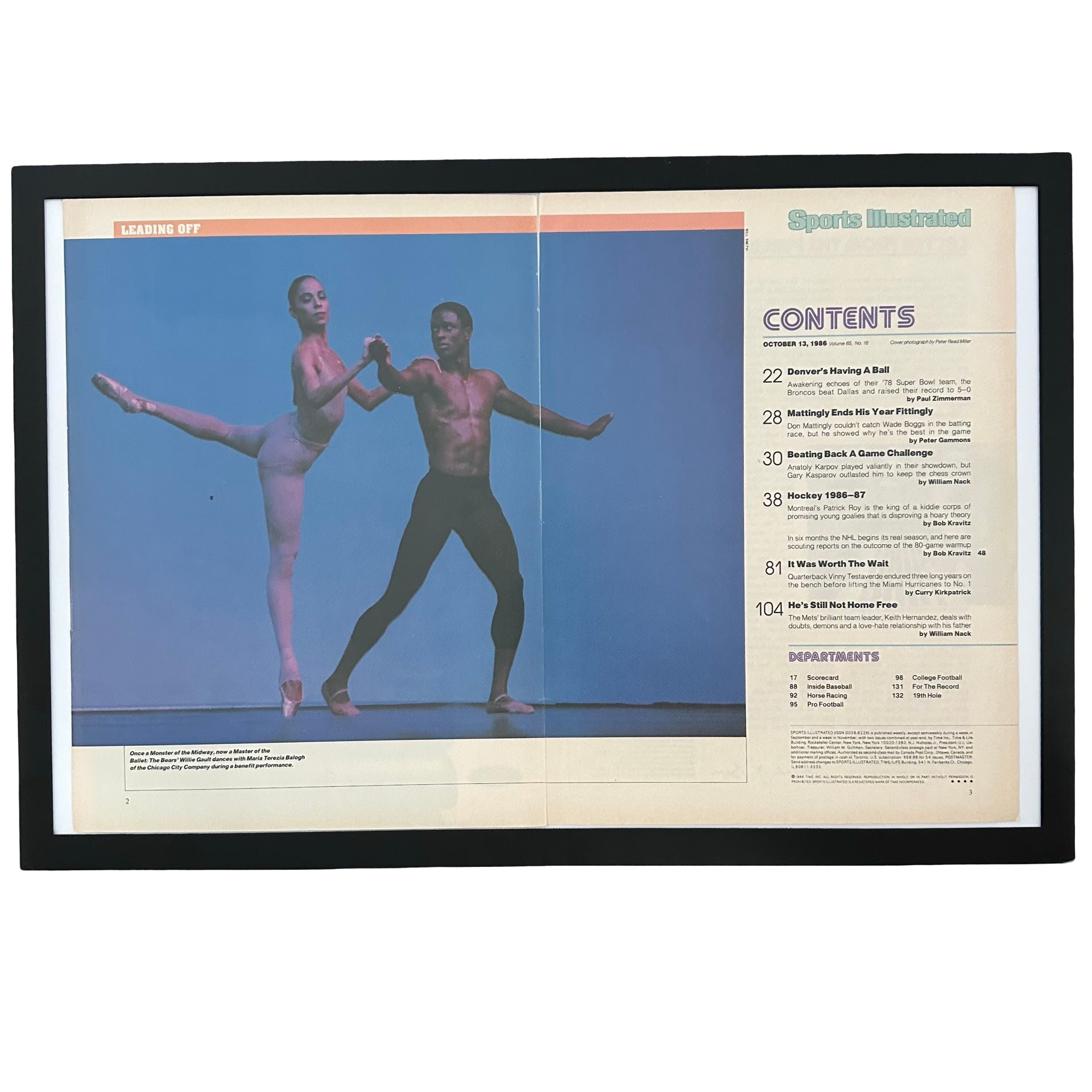 Framed vintage Sports Illustrated contents page with Willie Gault ballet photo on white background