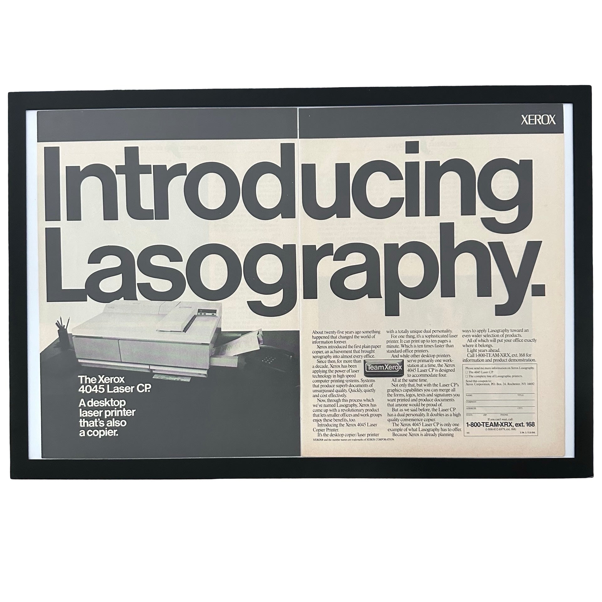Framed vintage Xerox Lasography laser printer double page magazine ad on white background