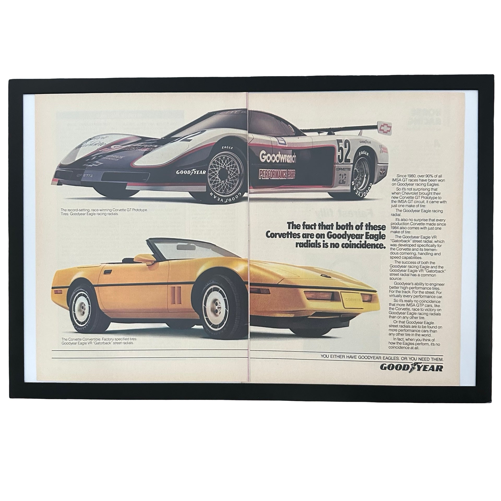 Framed vintage Goodyear Corvette GT Prototype double page magazine ad on white background