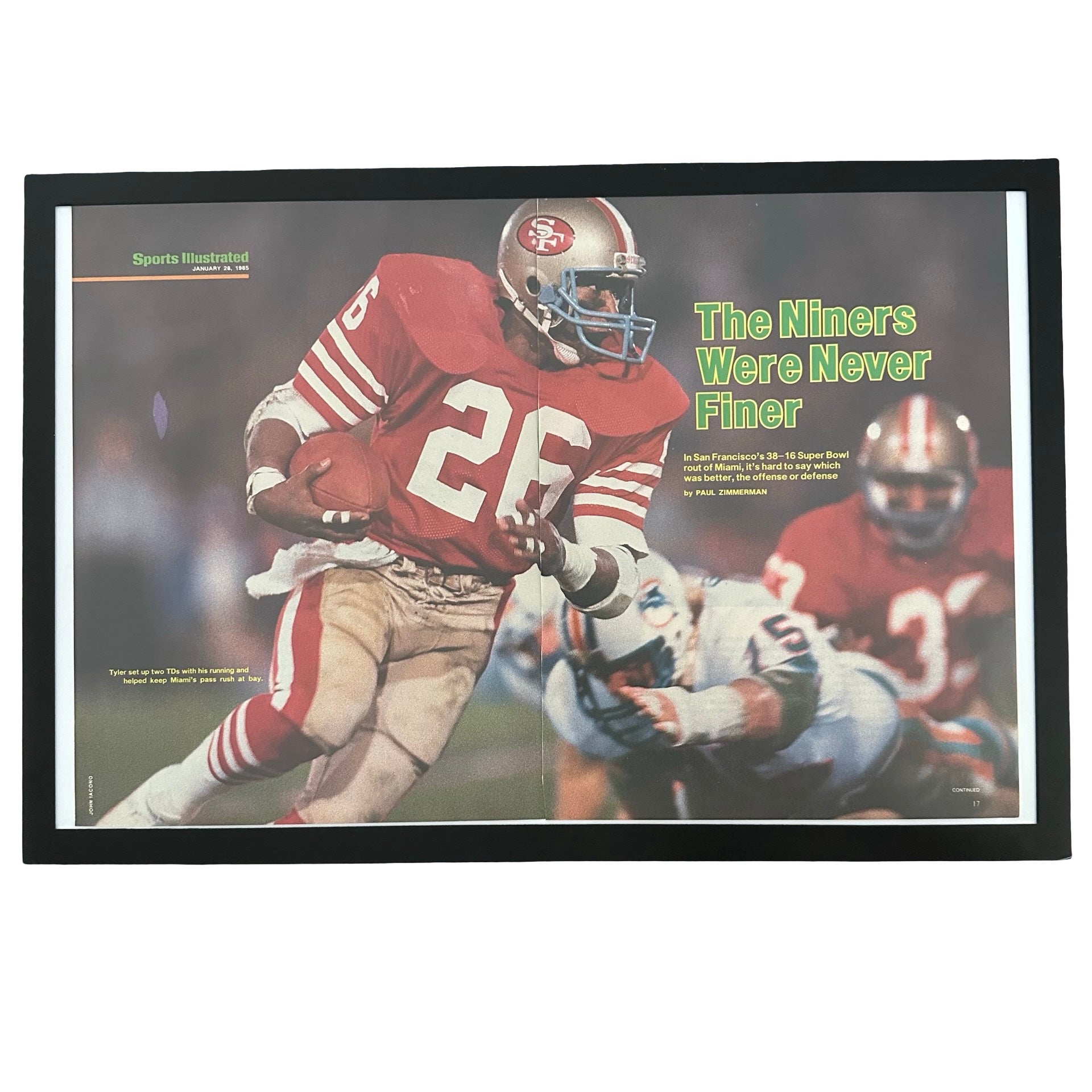 Framed vintage Sports Illustrated 49ers Super Bowl double page magazine spread on white background