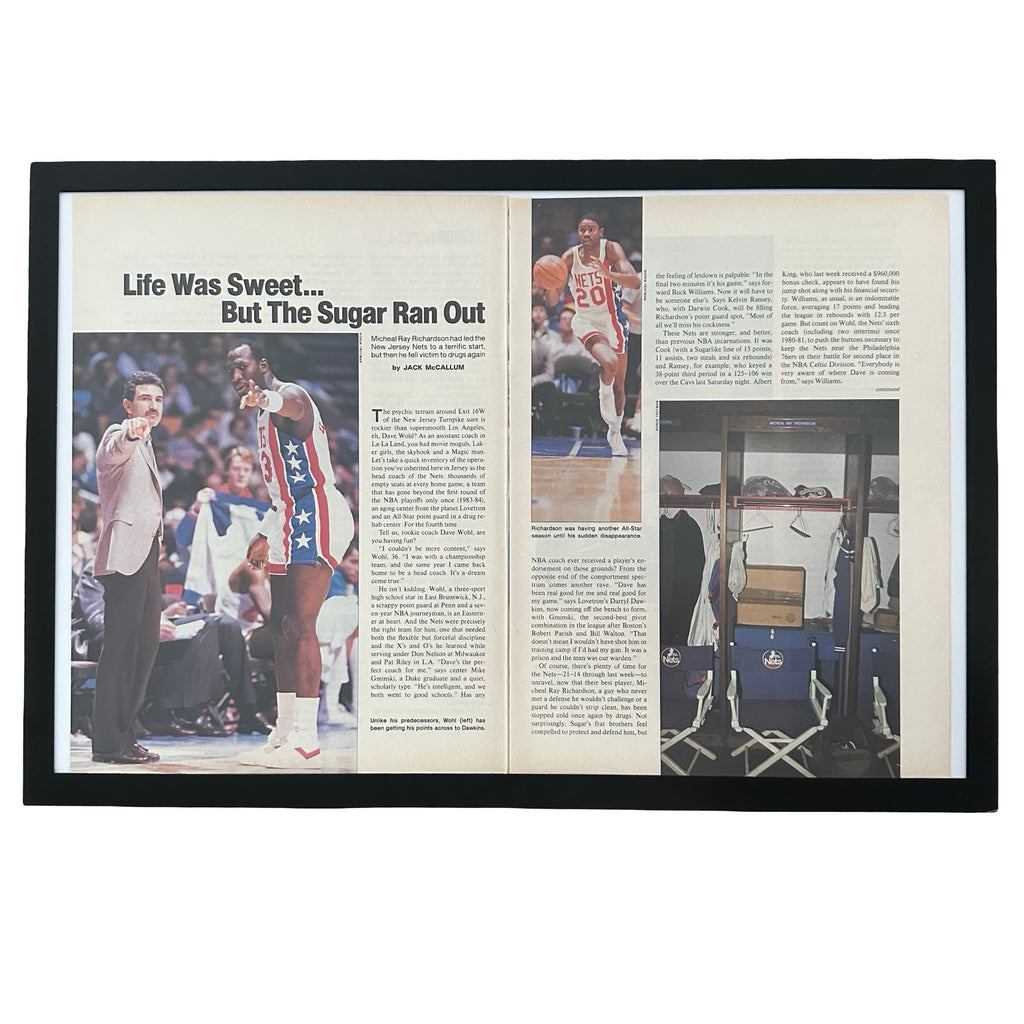 Framed vintage New Jersey Nets NBA double page magazine article on white background