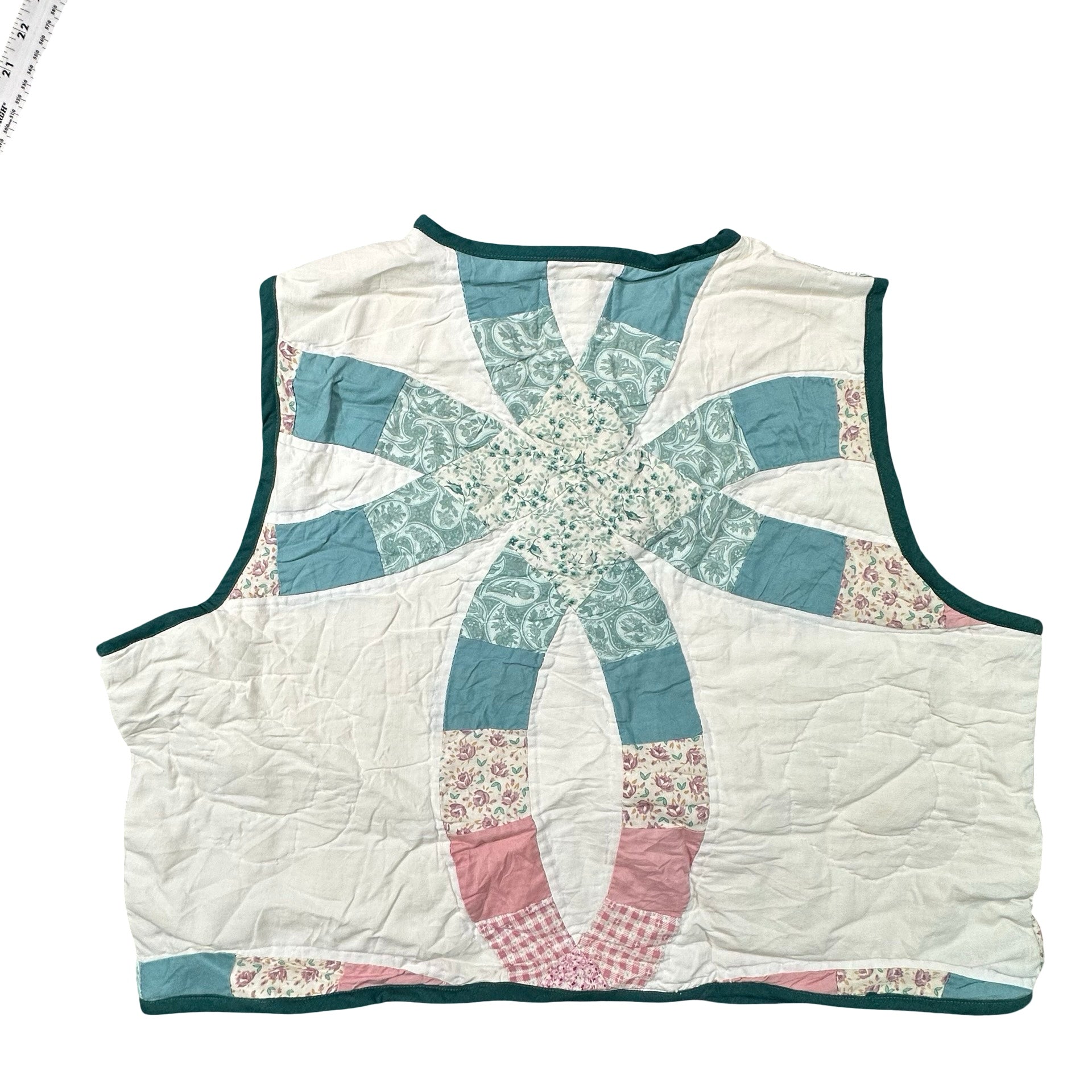 Teal & Rose Wedding Ring XL quilted vest rework, back
