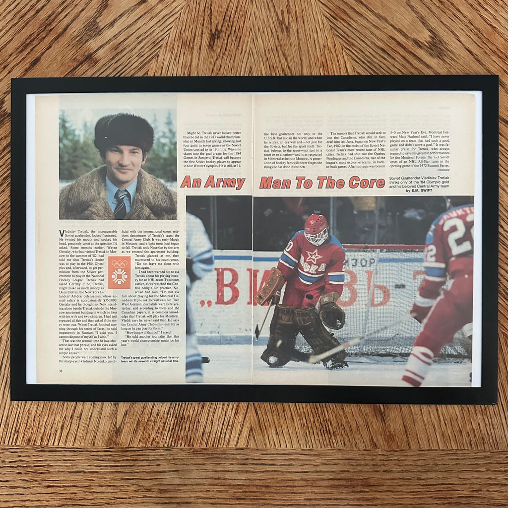 Framed vintage Sports Illustrated Vladislav Tretiak Soviet hockey double page magazine spread