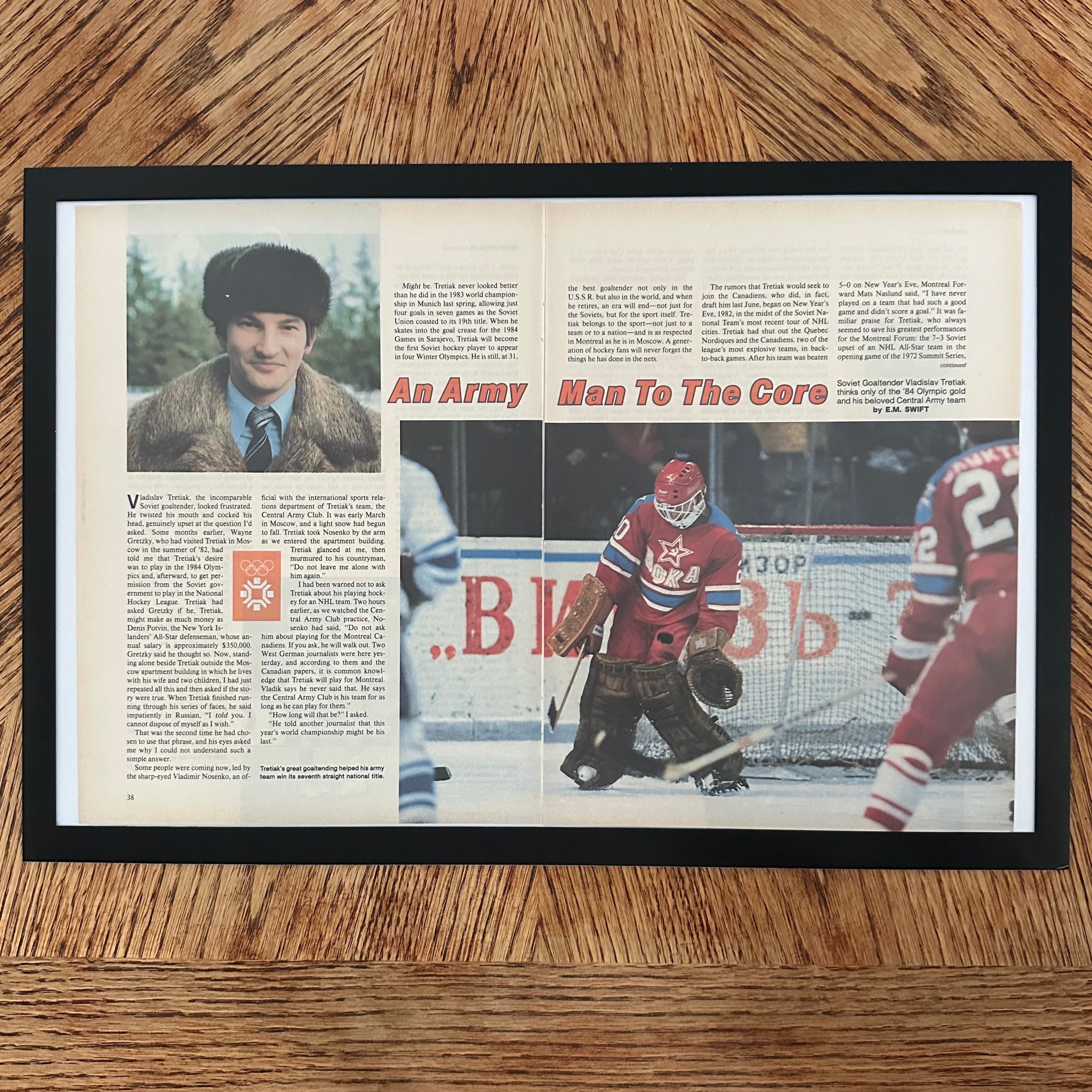 Framed vintage Sports Illustrated Vladislav Tretiak Soviet hockey double page magazine spread
