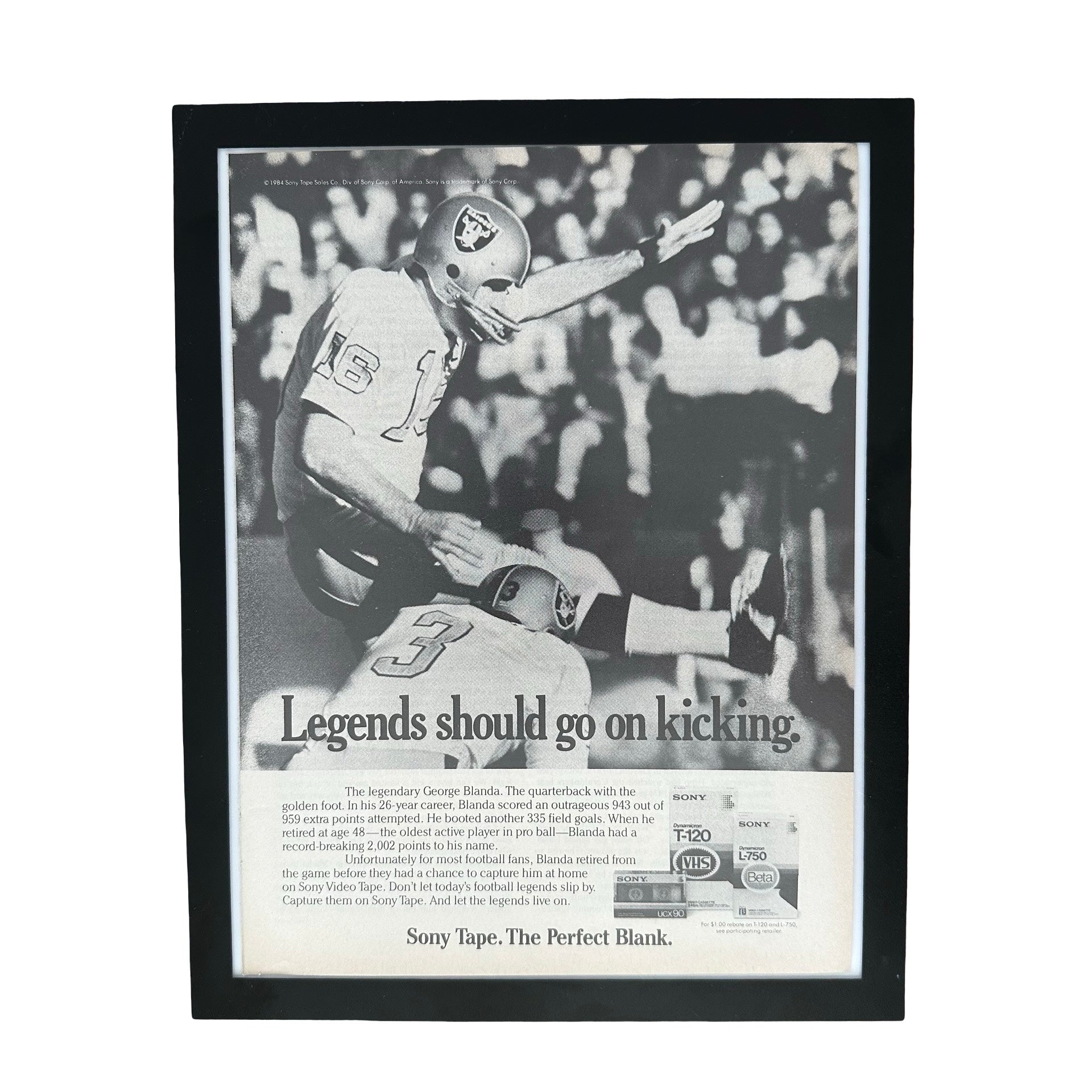 Sony Tape George Blanda Legends Should Go On Kicking Framed Vintage Magazine Ad