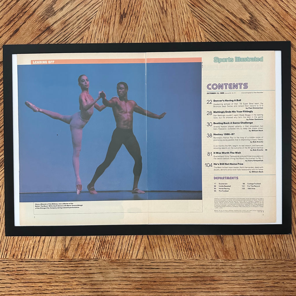 Framed vintage Sports Illustrated contents page with Willie Gault ballet photo