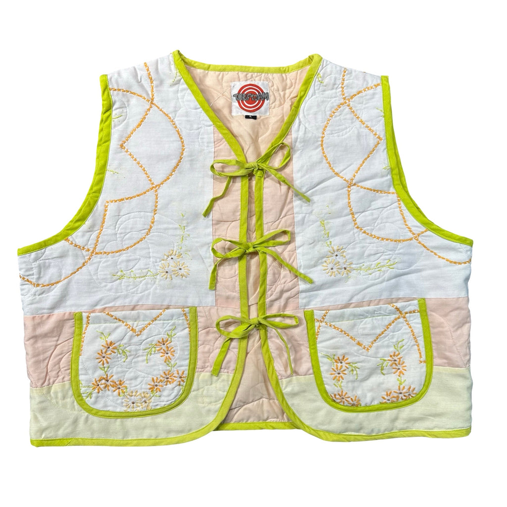 Sherbet Redwork Embroidery L quilted vest rework - front