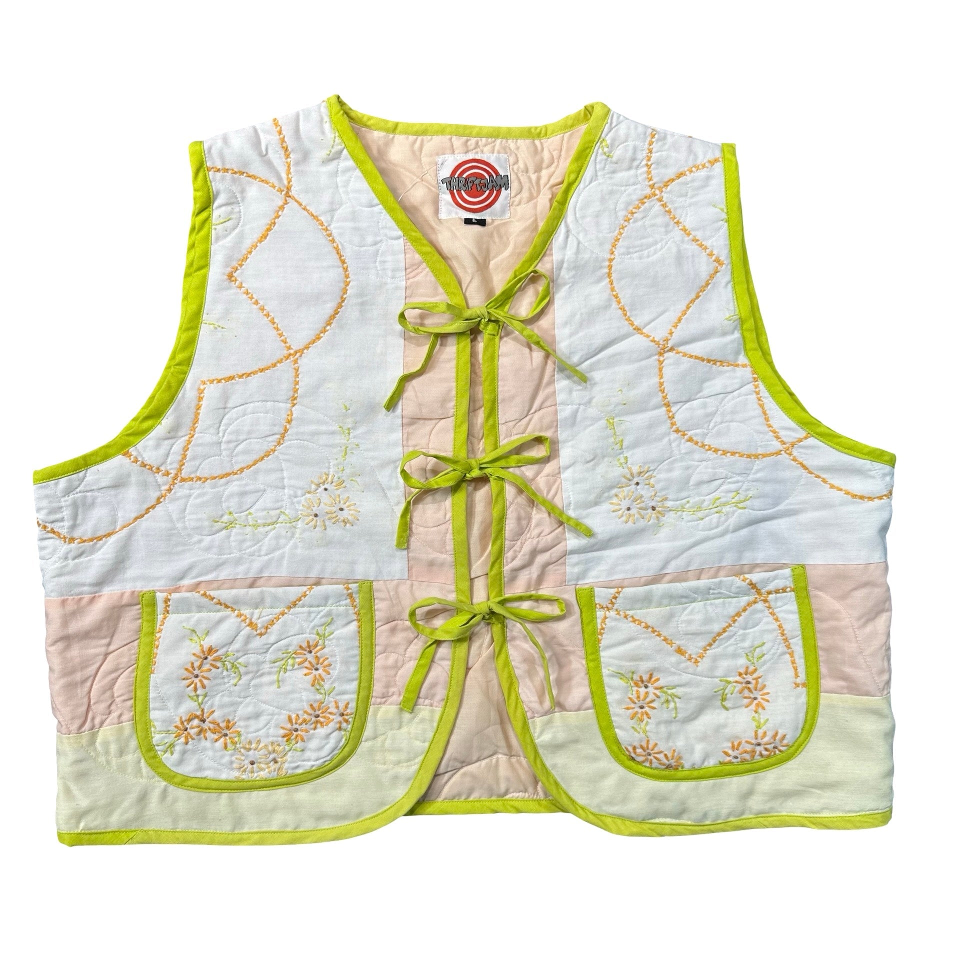 Sherbet Redwork Embroidery L quilted vest rework - front