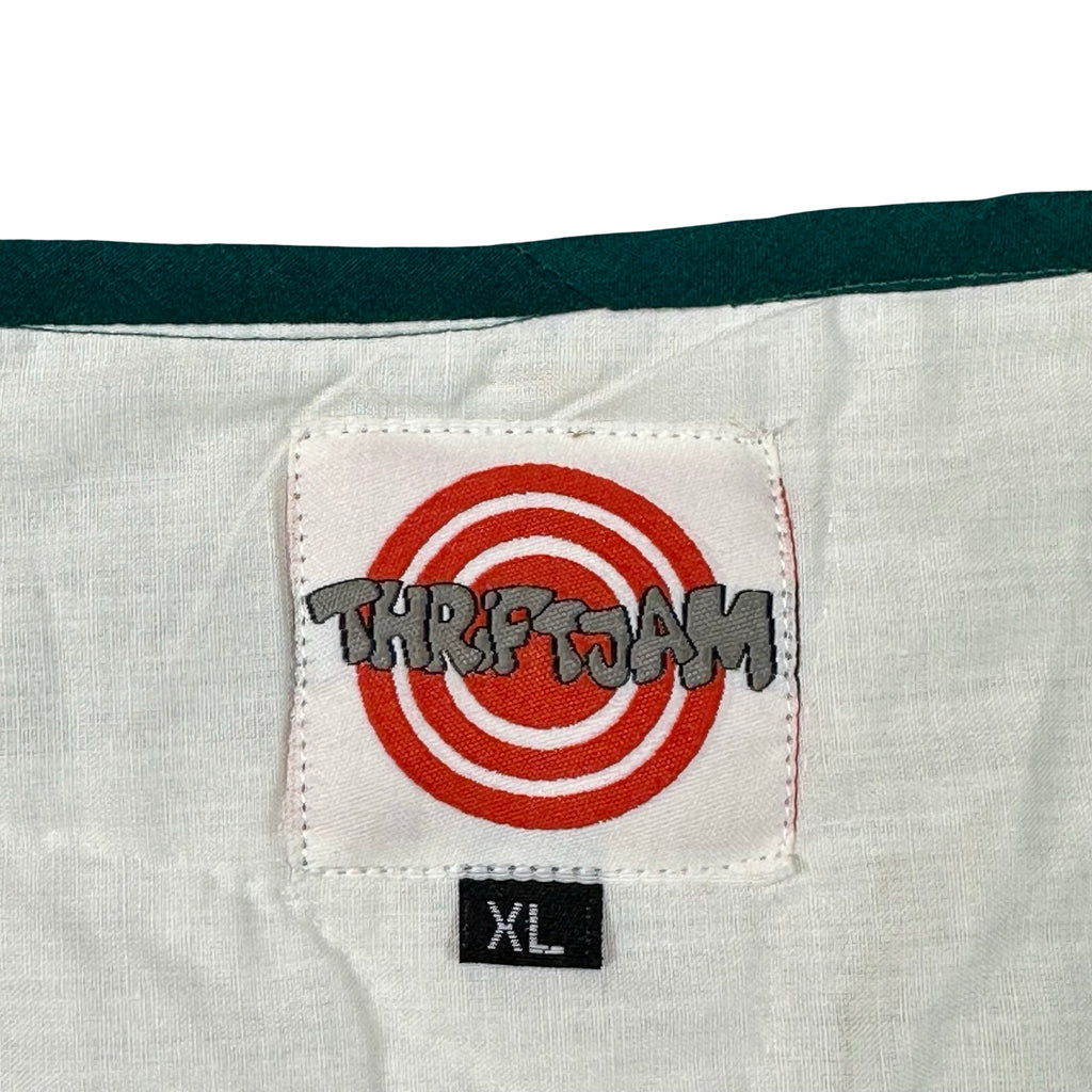 Forest Fan Patchwork XL quilted vest rework, ThriftJam size XL label