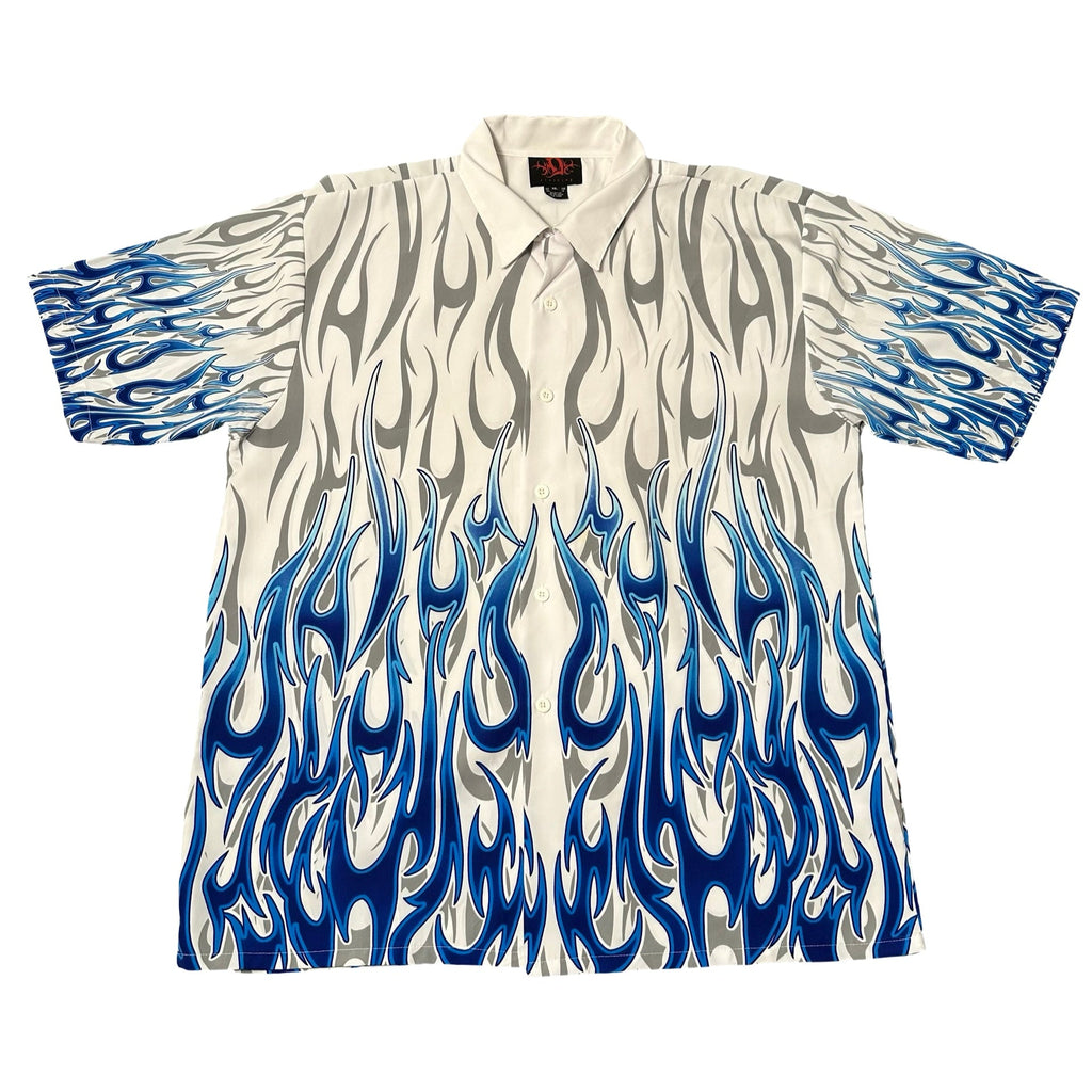 Y2K blue flame print button up shirt front