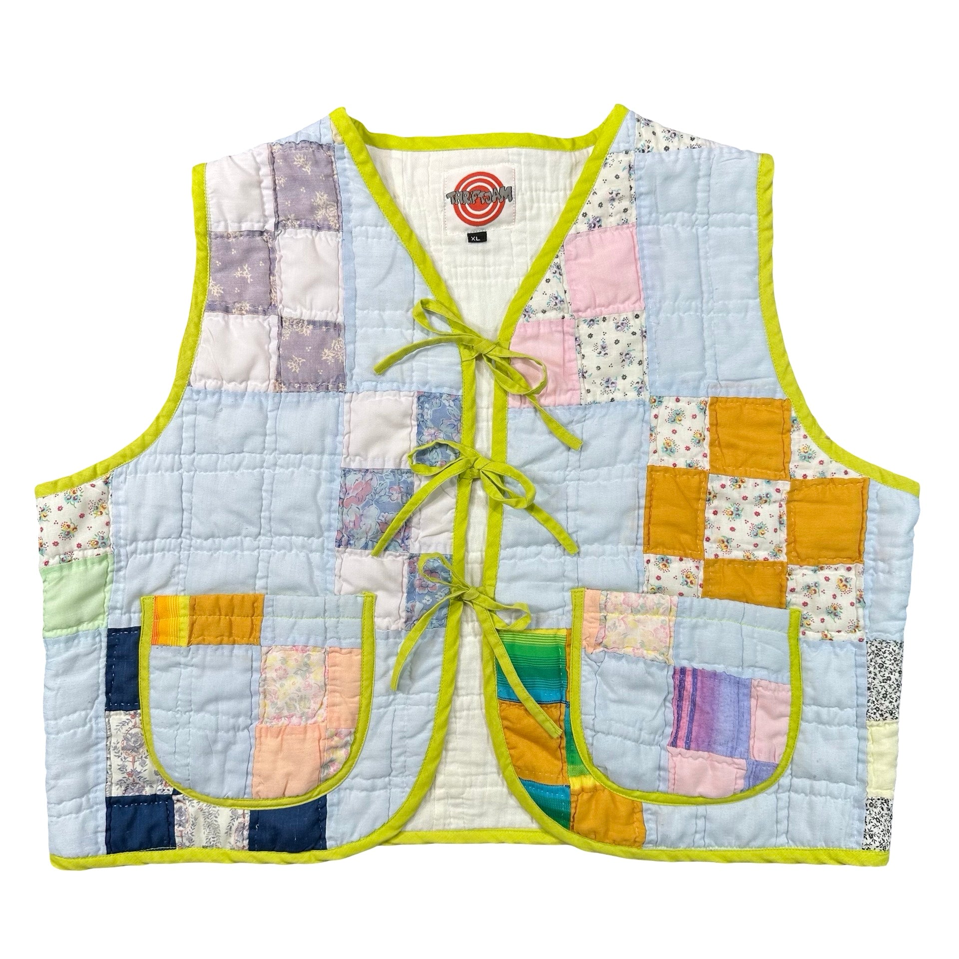 Powder Blue & Lime Patchwork XL quilted vest rework, front