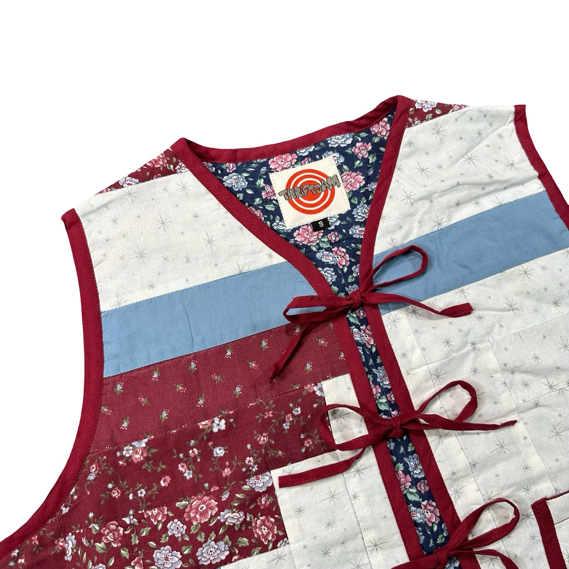 Burgundy Rose Log Cabin S quilted vest rework - tie closures