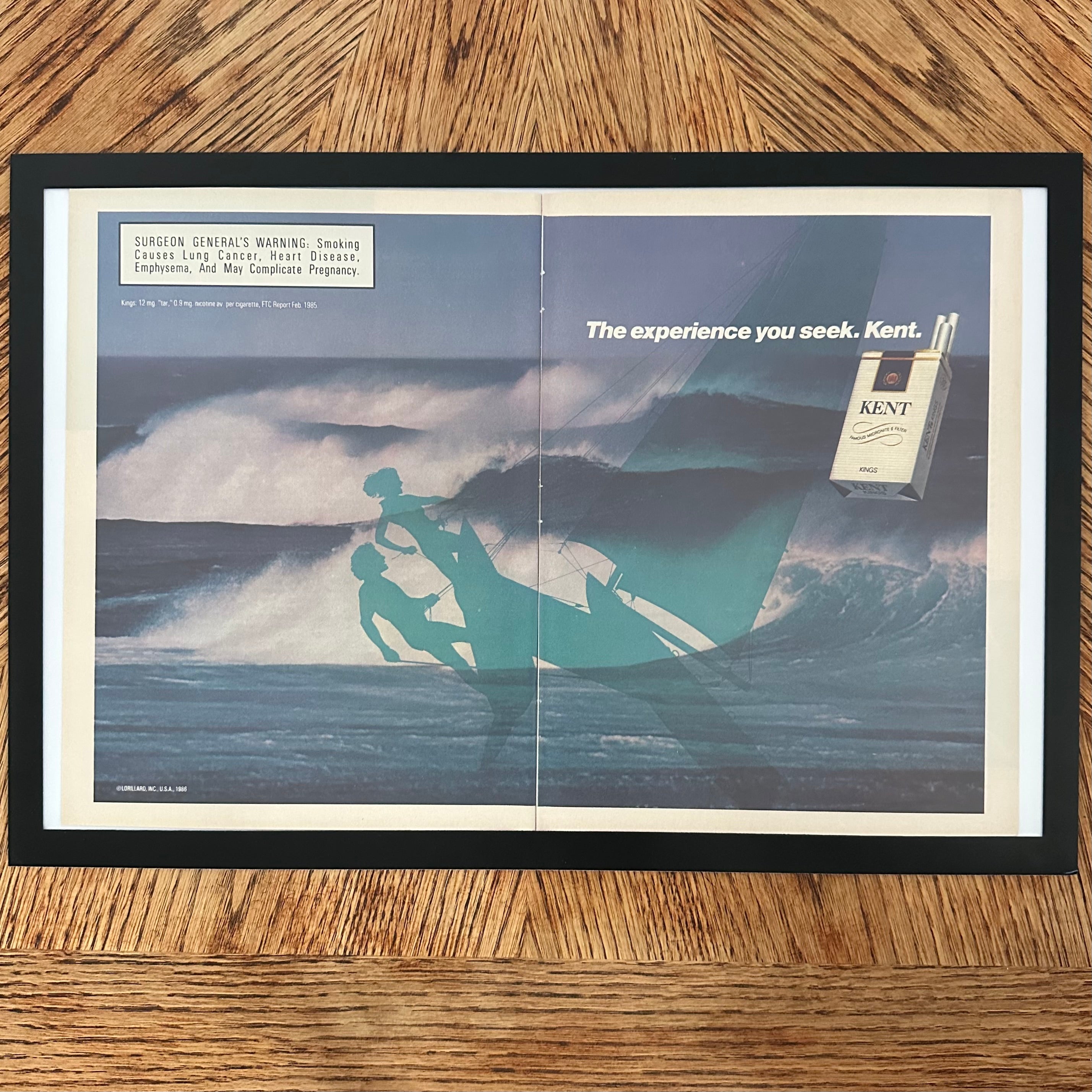 Framed vintage Kent cigarettes sailing double page magazine ad