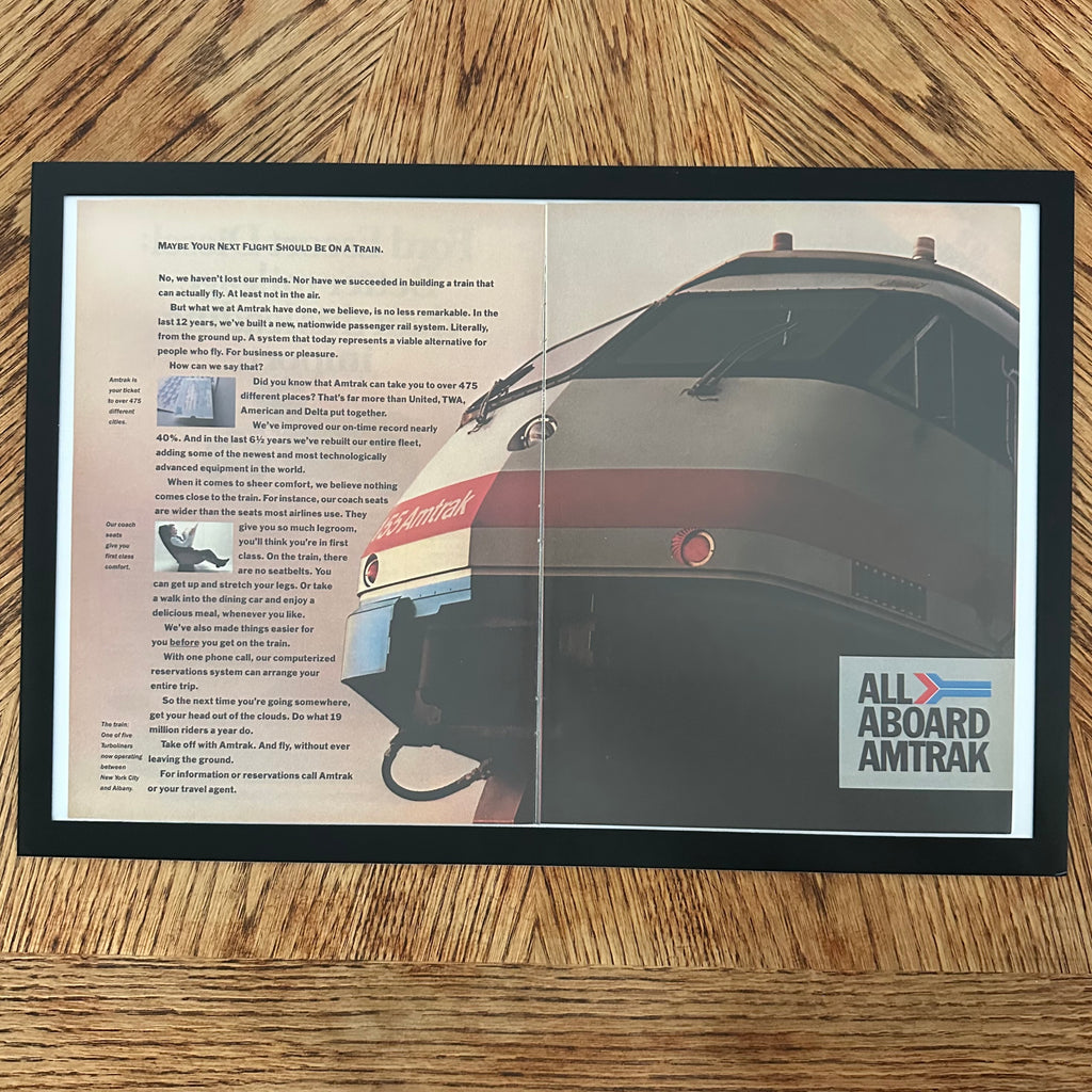 Framed vintage Amtrak All Aboard double page magazine ad