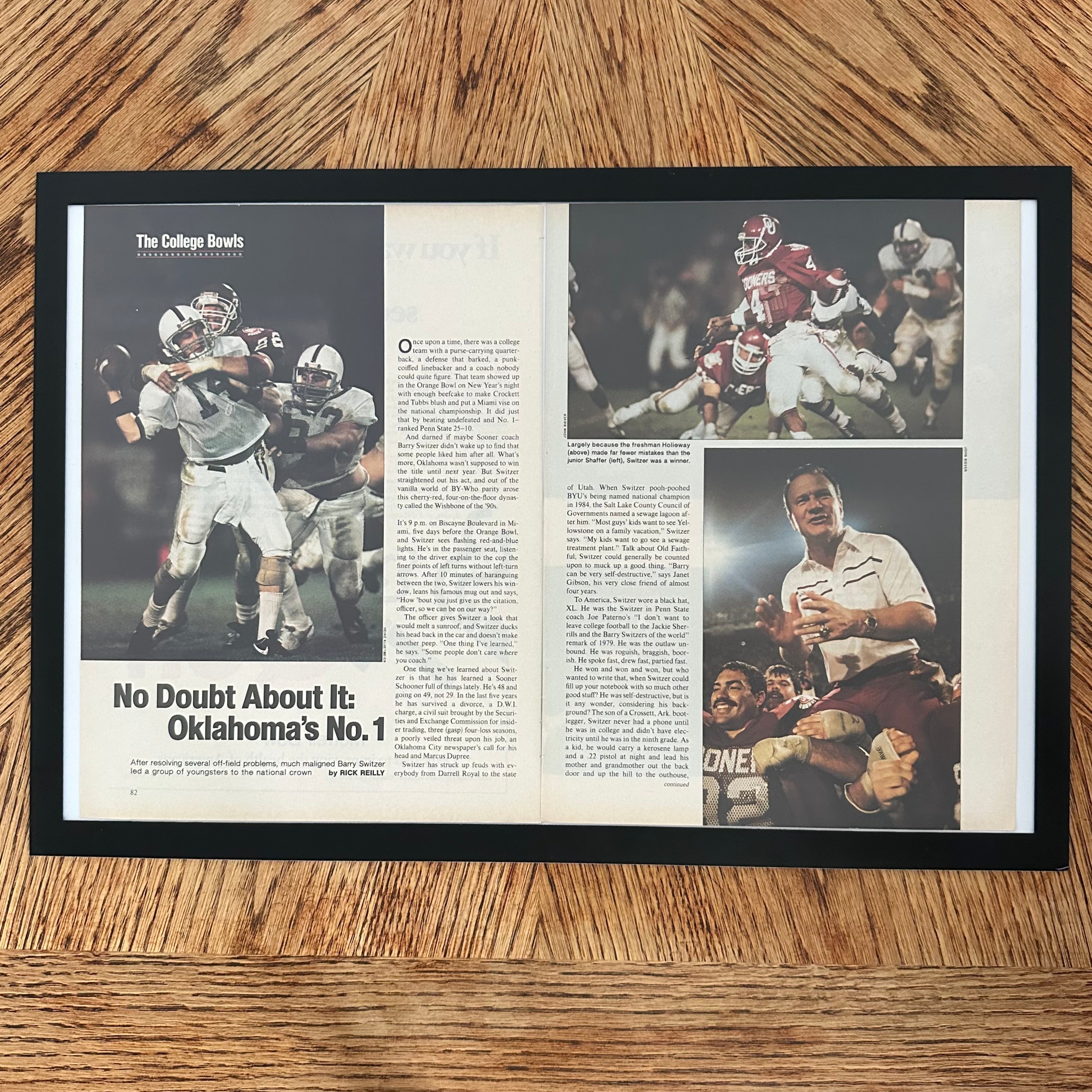 Framed vintage Oklahoma Sooners national championship double page magazine spread