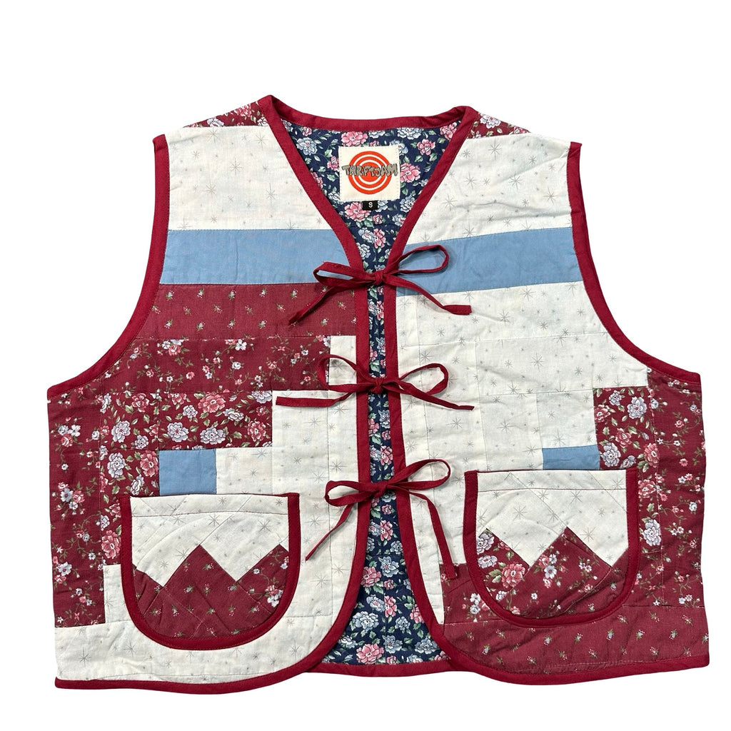 Burgundy Rose Log Cabin S quilted vest rework - front