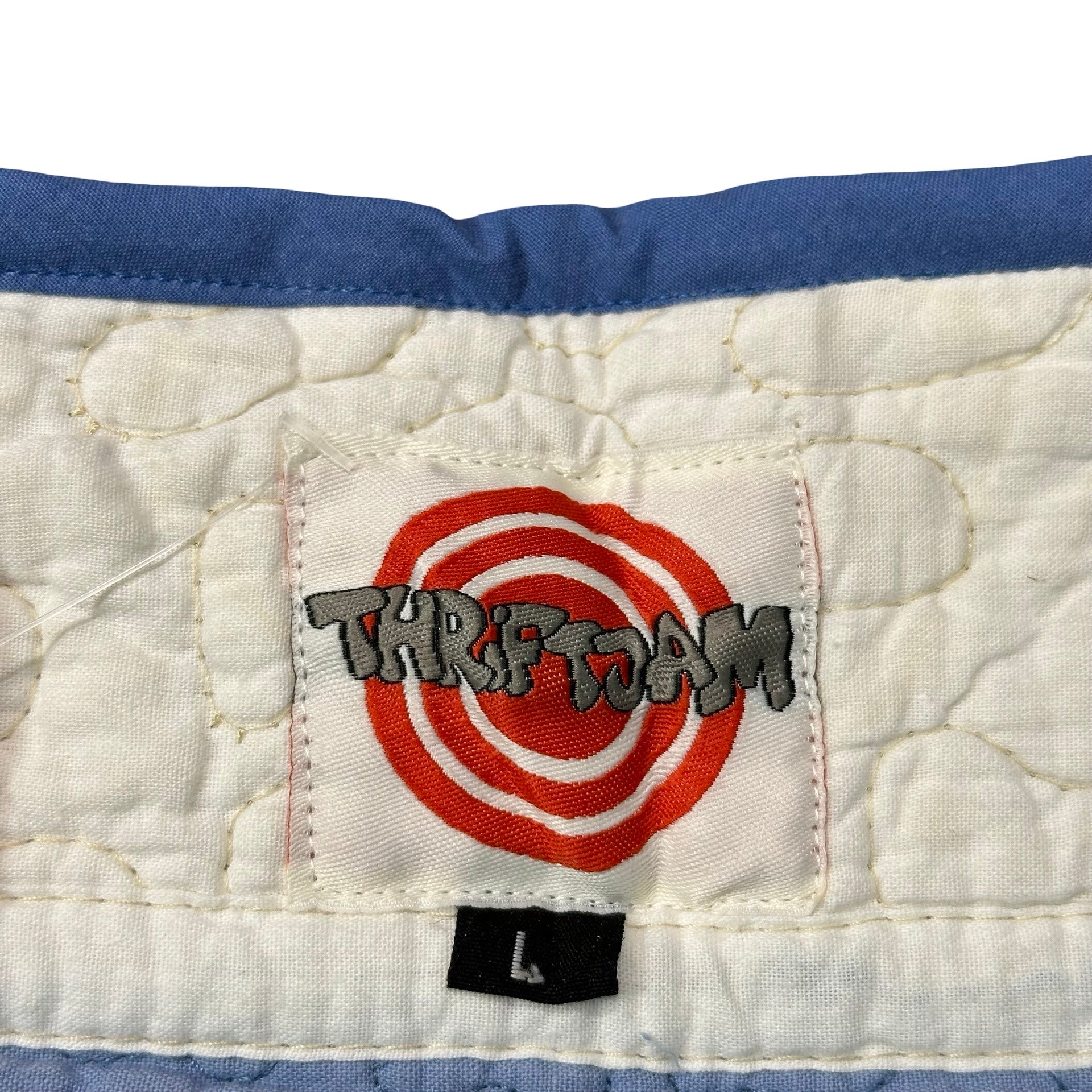 Chambray Butterfly Embroidery L quilted vest rework - ThriftJam size tag