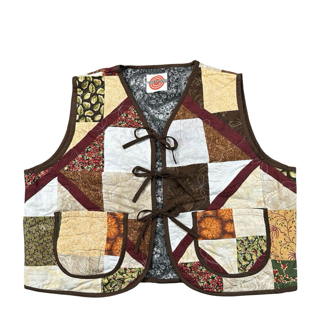 Autumn Earth Patchwork XL quilted vest rework, front