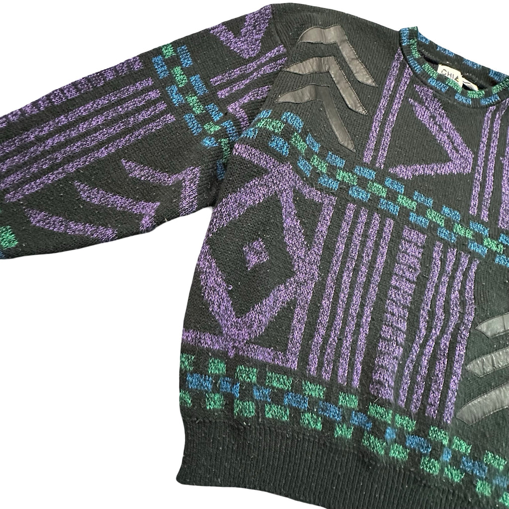 Vintage 80s Southwestern Geometric Leather Chevron Knit Sweater Black M