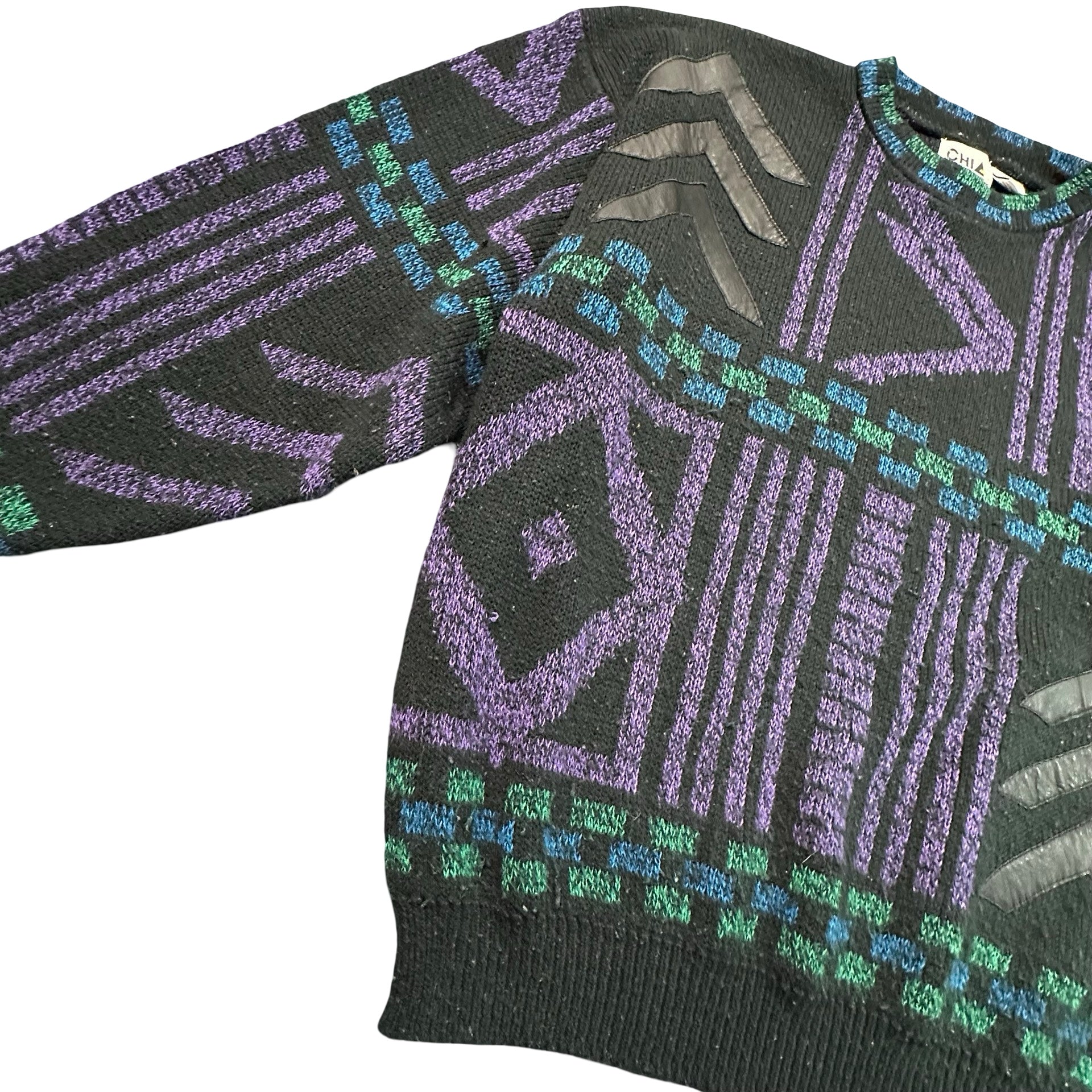 Vintage 80s Southwestern Geometric Leather Chevron Knit Sweater Black M