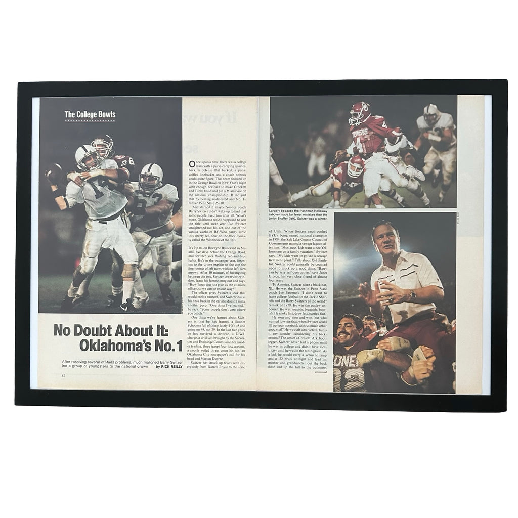 Framed vintage Oklahoma Sooners national championship double page magazine spread on white background