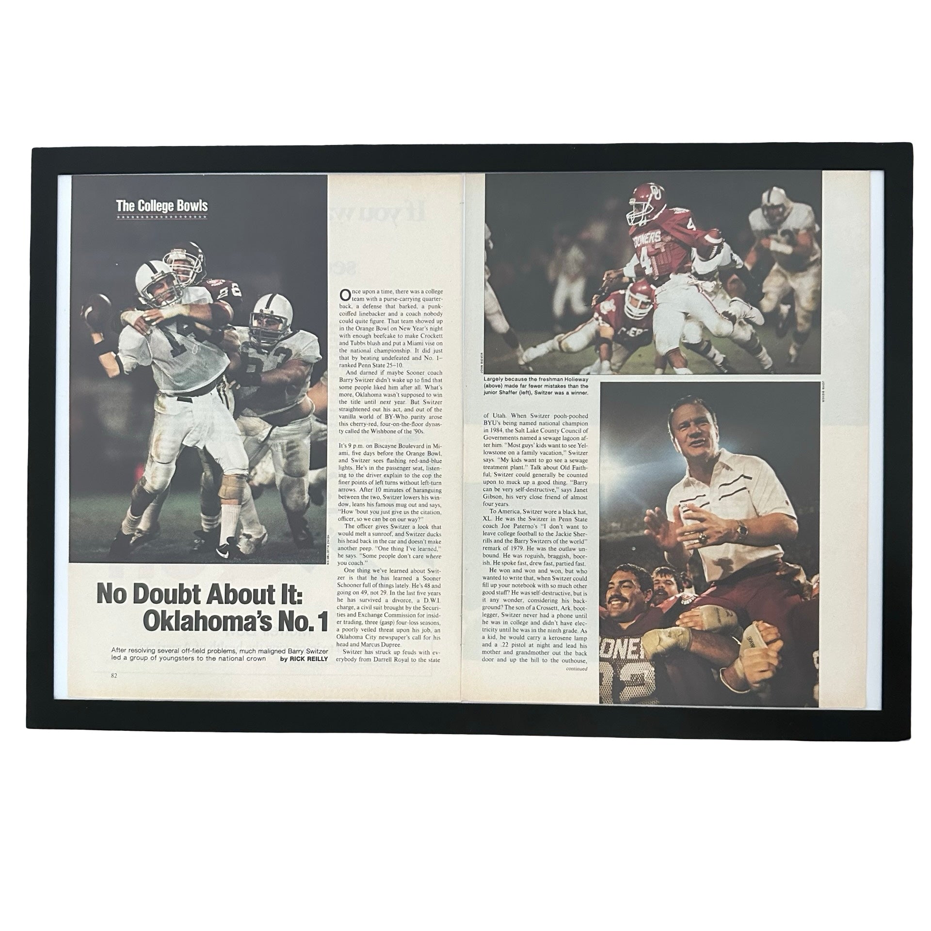 Framed vintage Oklahoma Sooners national championship double page magazine spread on white background