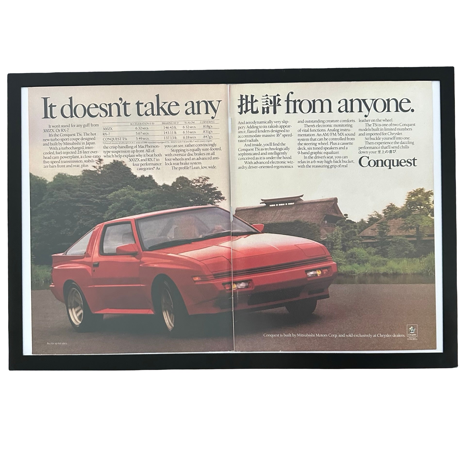 Framed vintage Chrysler Conquest TSi double page magazine ad on white background
