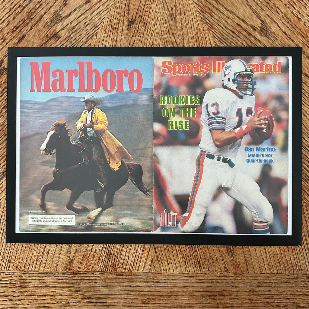 Framed vintage Dan Marino Sports Illustrated cover with Marlboro back cover ad
