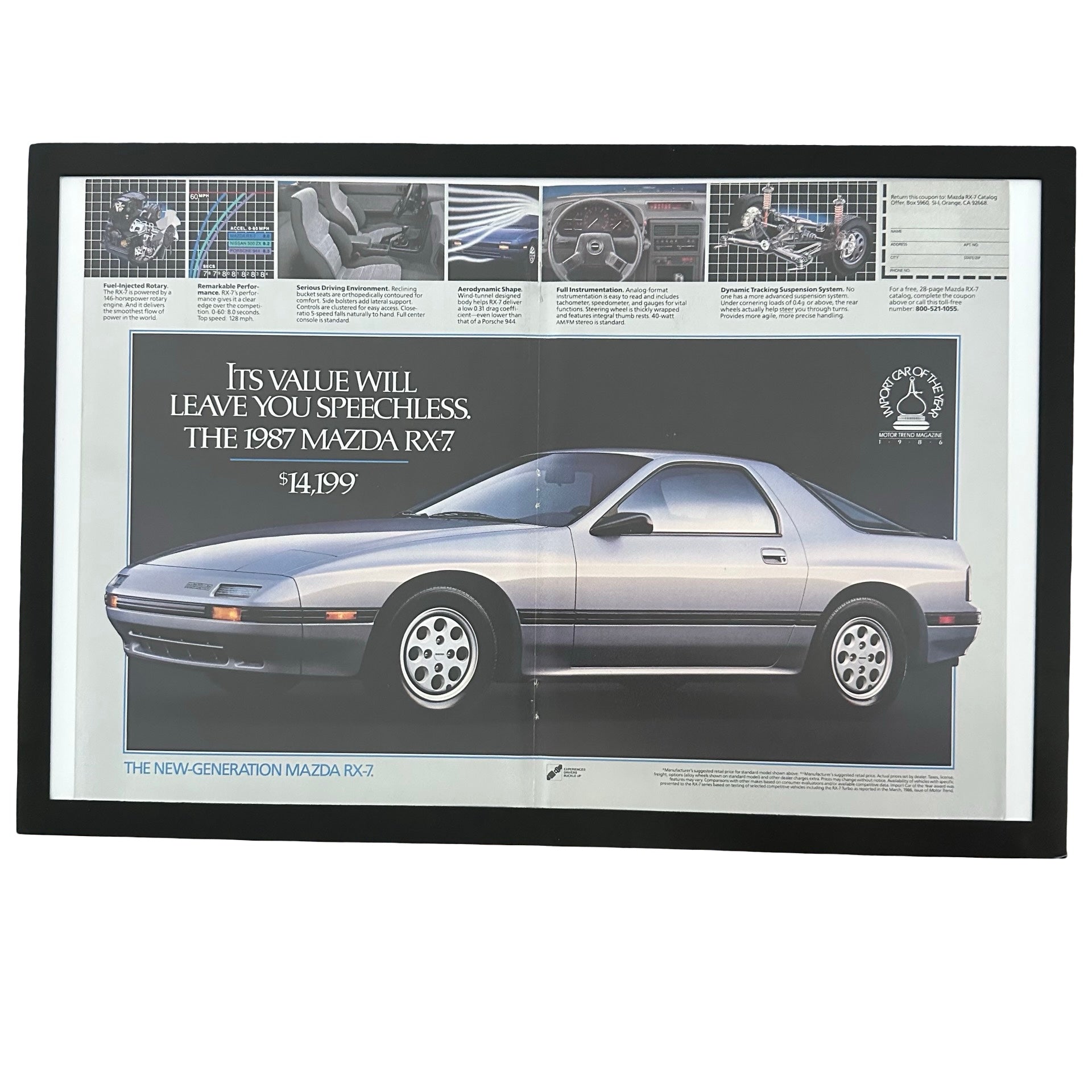 Framed vintage 1987 Mazda RX-7 double page magazine ad on white background
