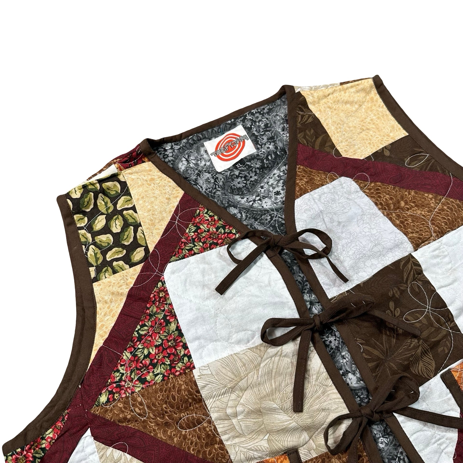 Autumn Earth Patchwork XL quilted vest rework, front tie closures