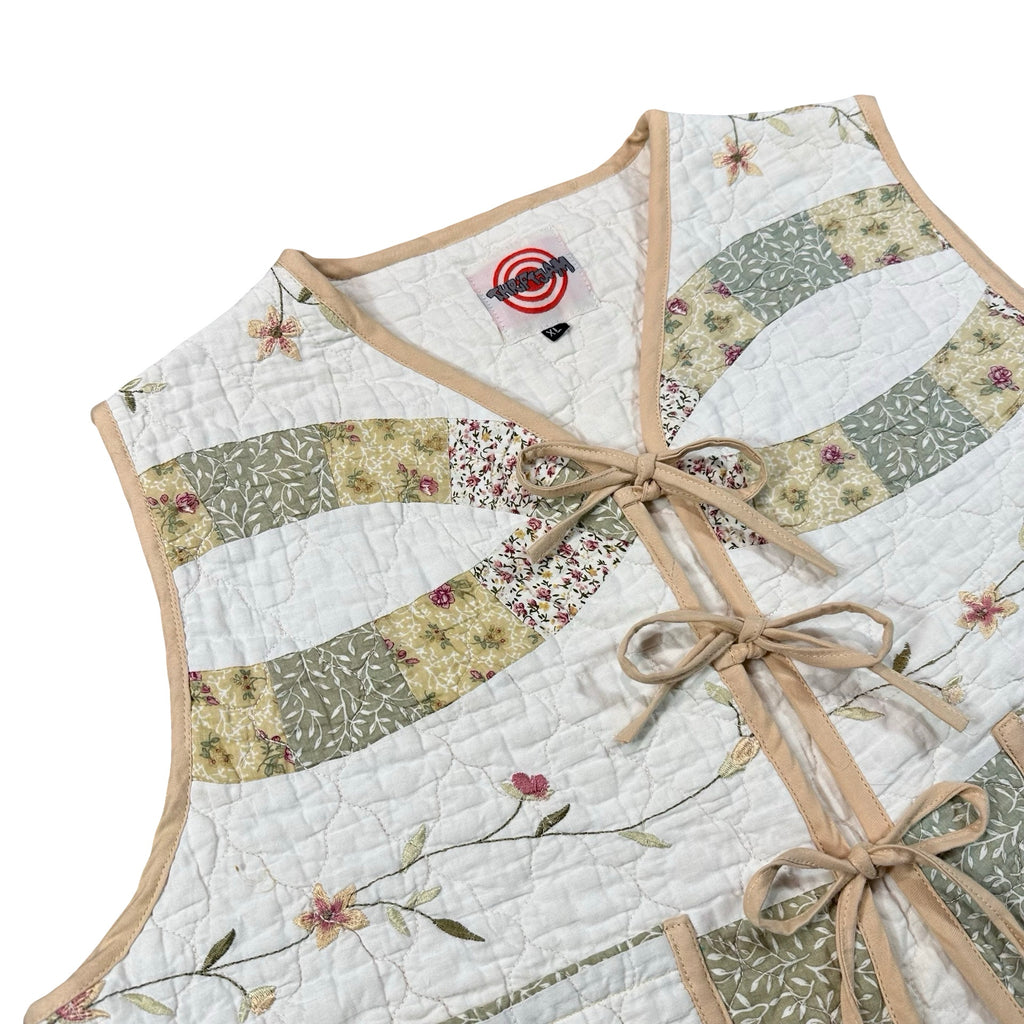 Sage Embroidered Wedding Ring XL quilted vest rework, front tie closures