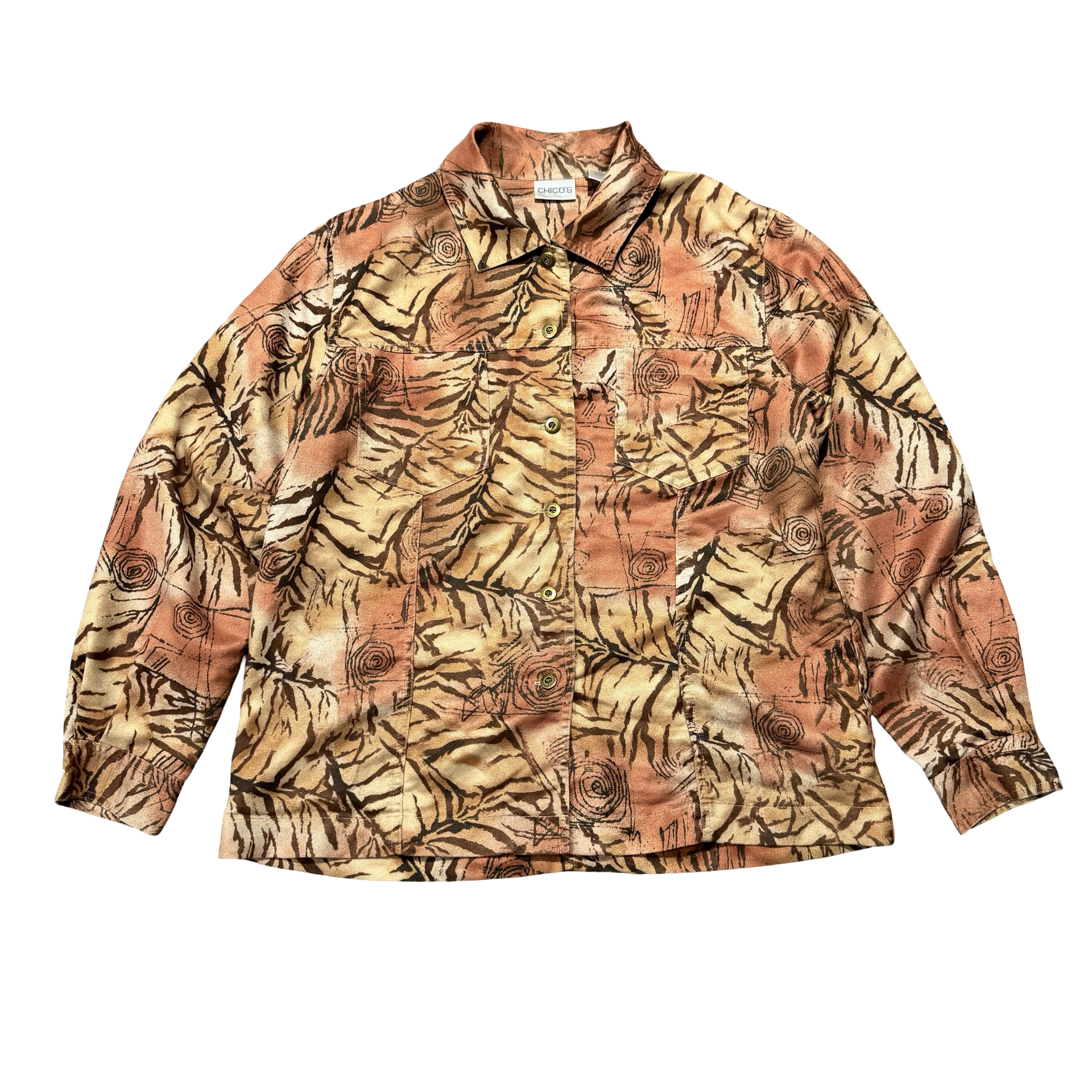 Chico's tiger animal print button up shirt jacket front