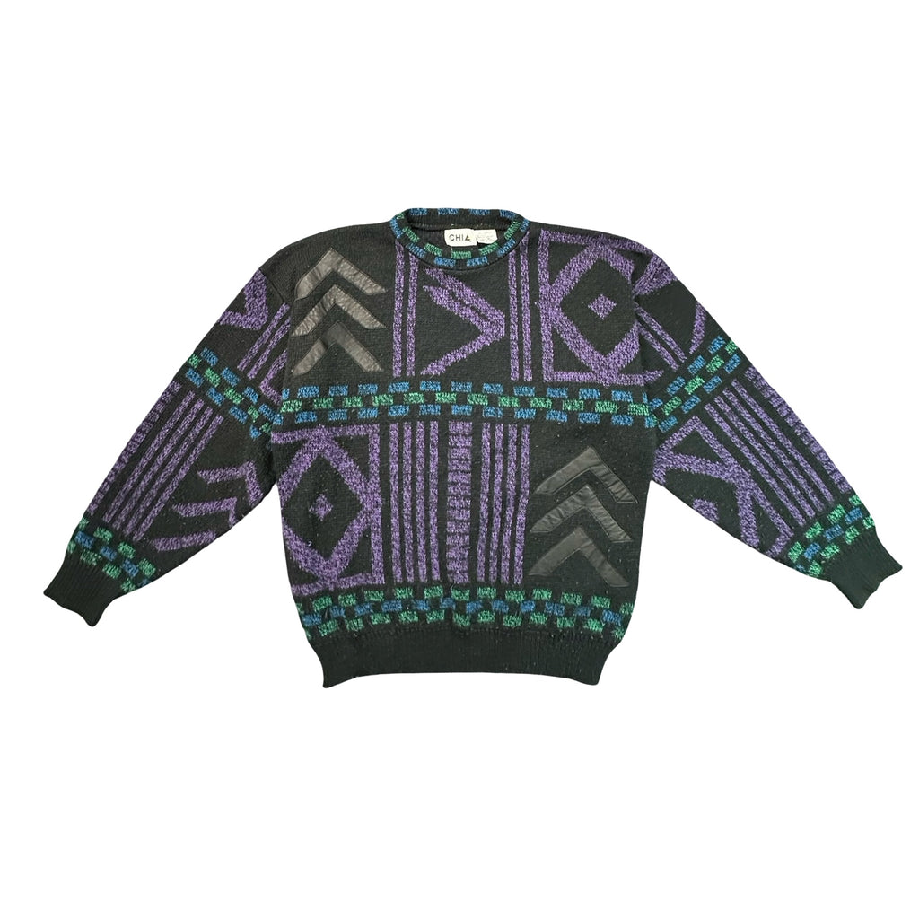 Vintage 80s Southwestern Geometric Leather Chevron Knit Sweater Black M