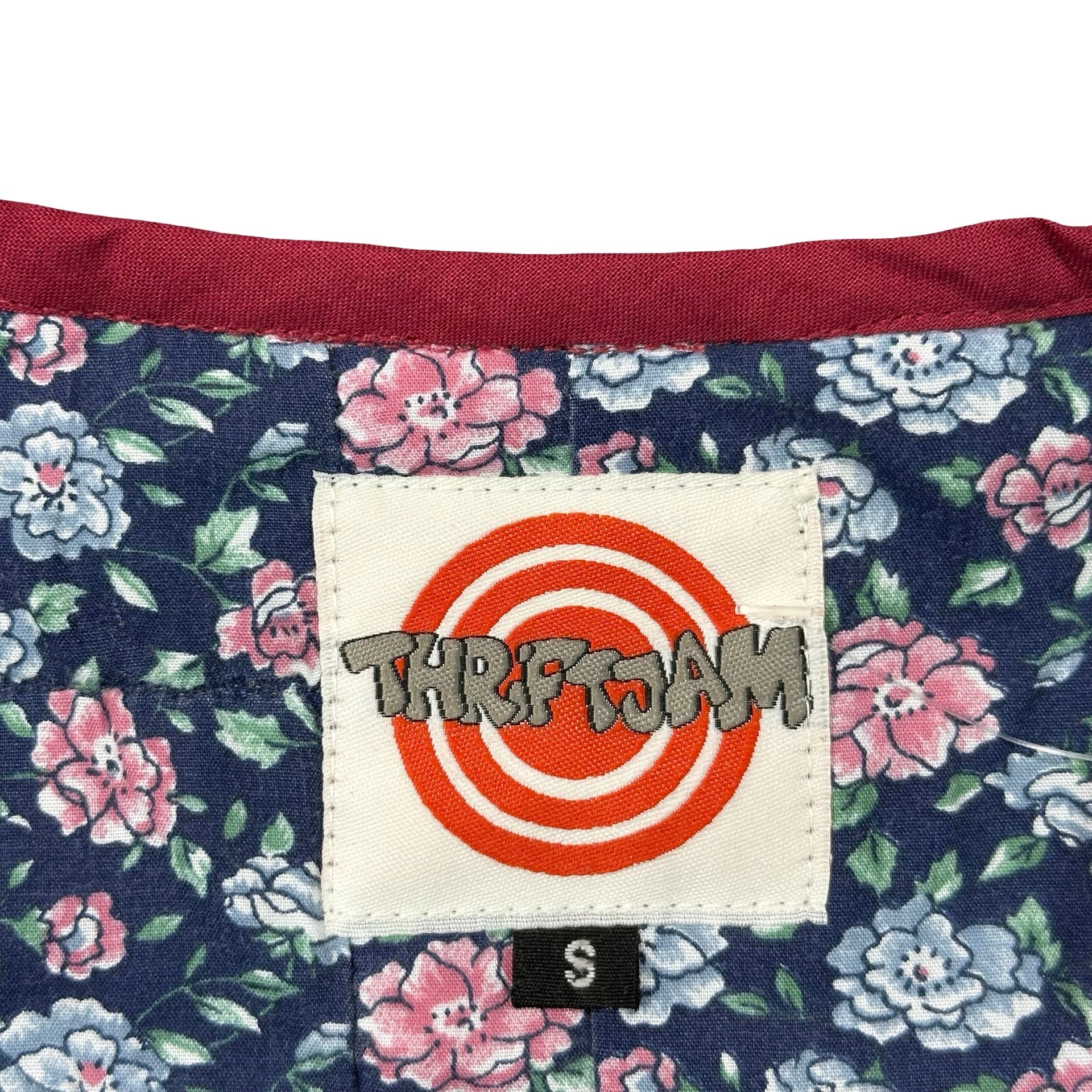 Burgundy Rose Log Cabin S quilted vest rework - ThriftJam size tag