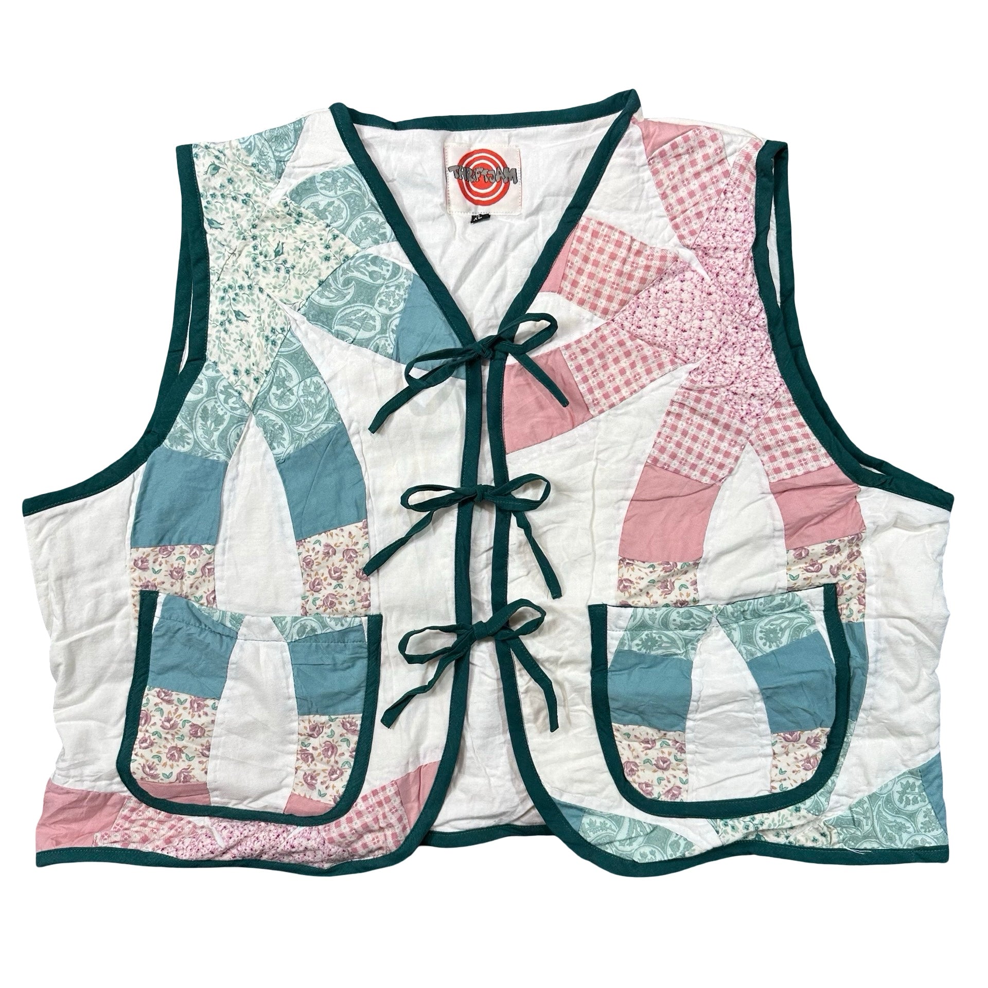 Teal & Rose Wedding Ring XL quilted vest rework, front