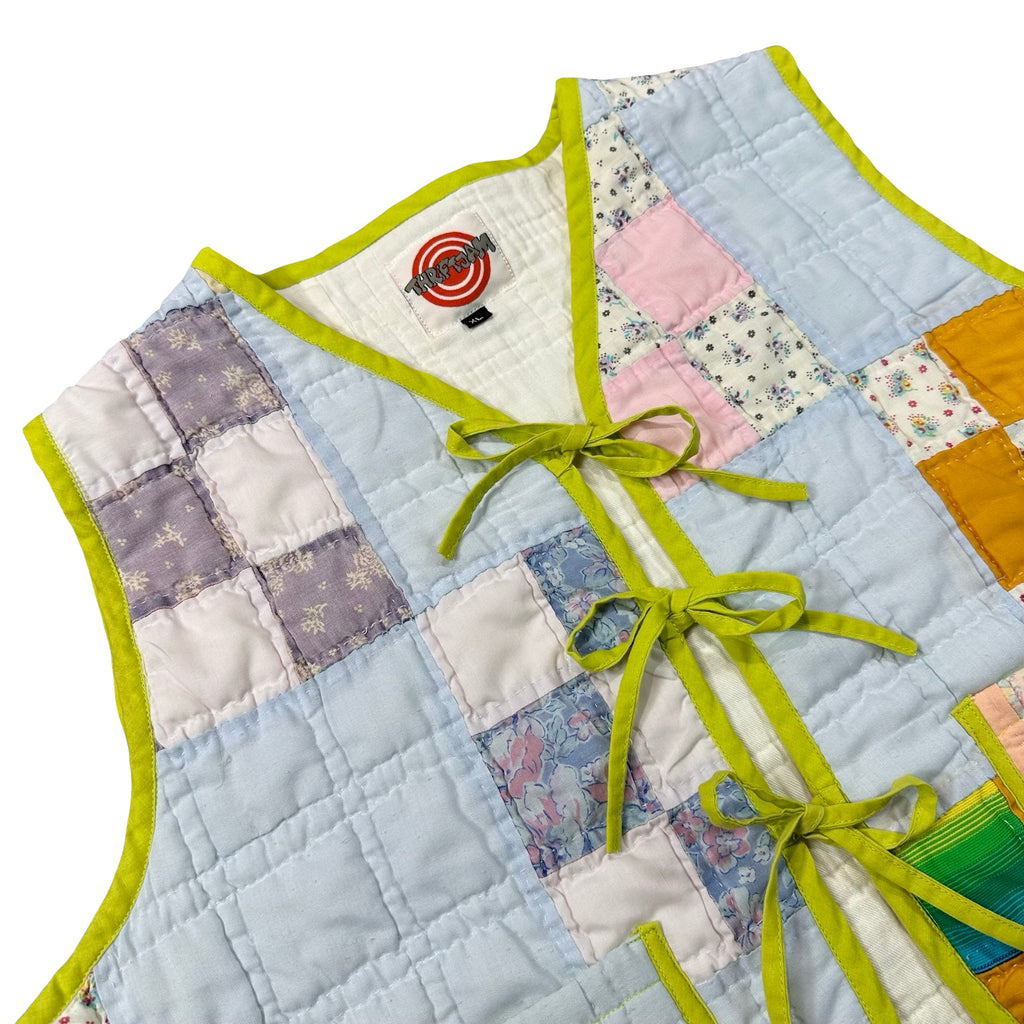 Powder Blue & Lime Patchwork XL quilted vest rework, front tie closures