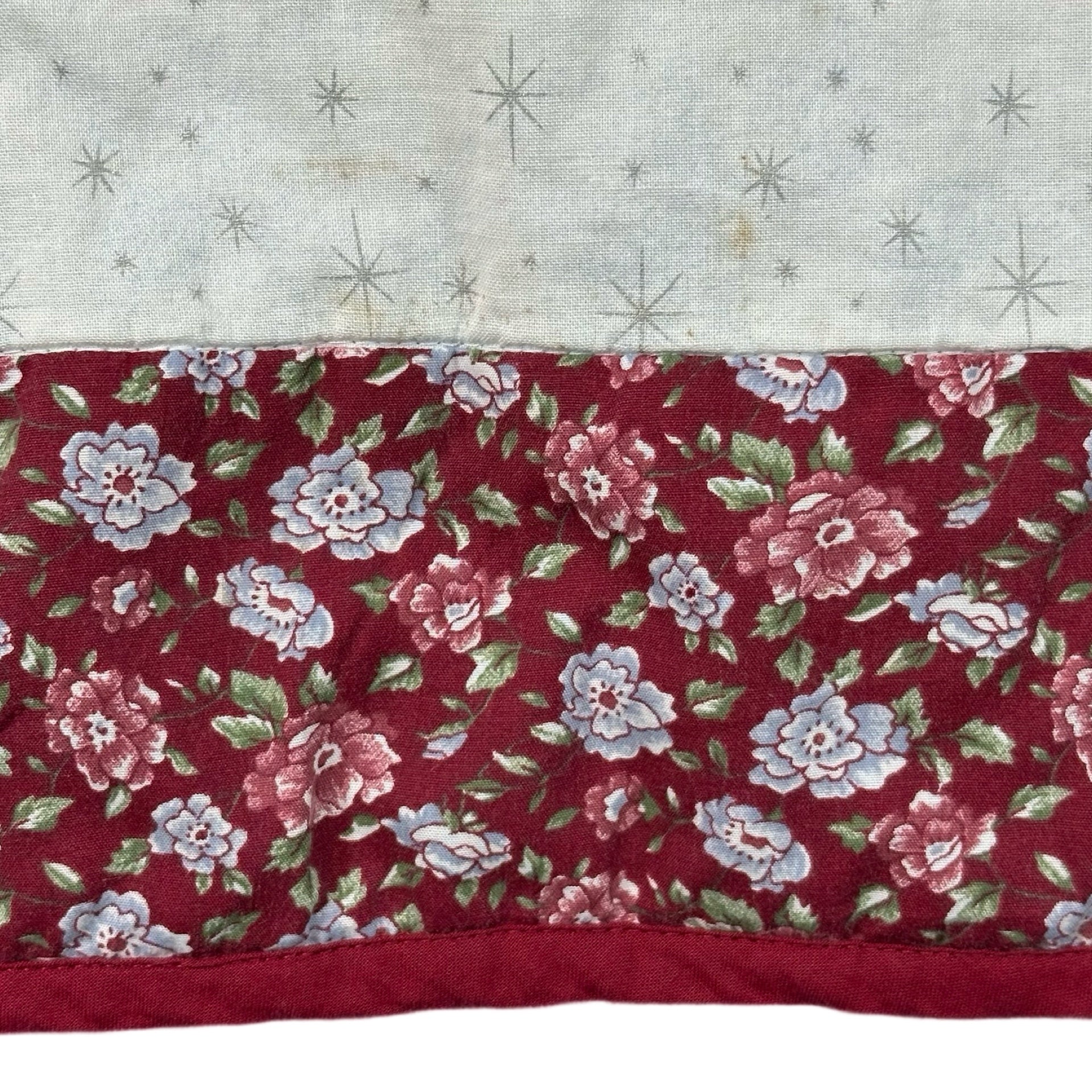 Burgundy Rose Log Cabin XL quilted vest rework, rose print quilt fabric detail