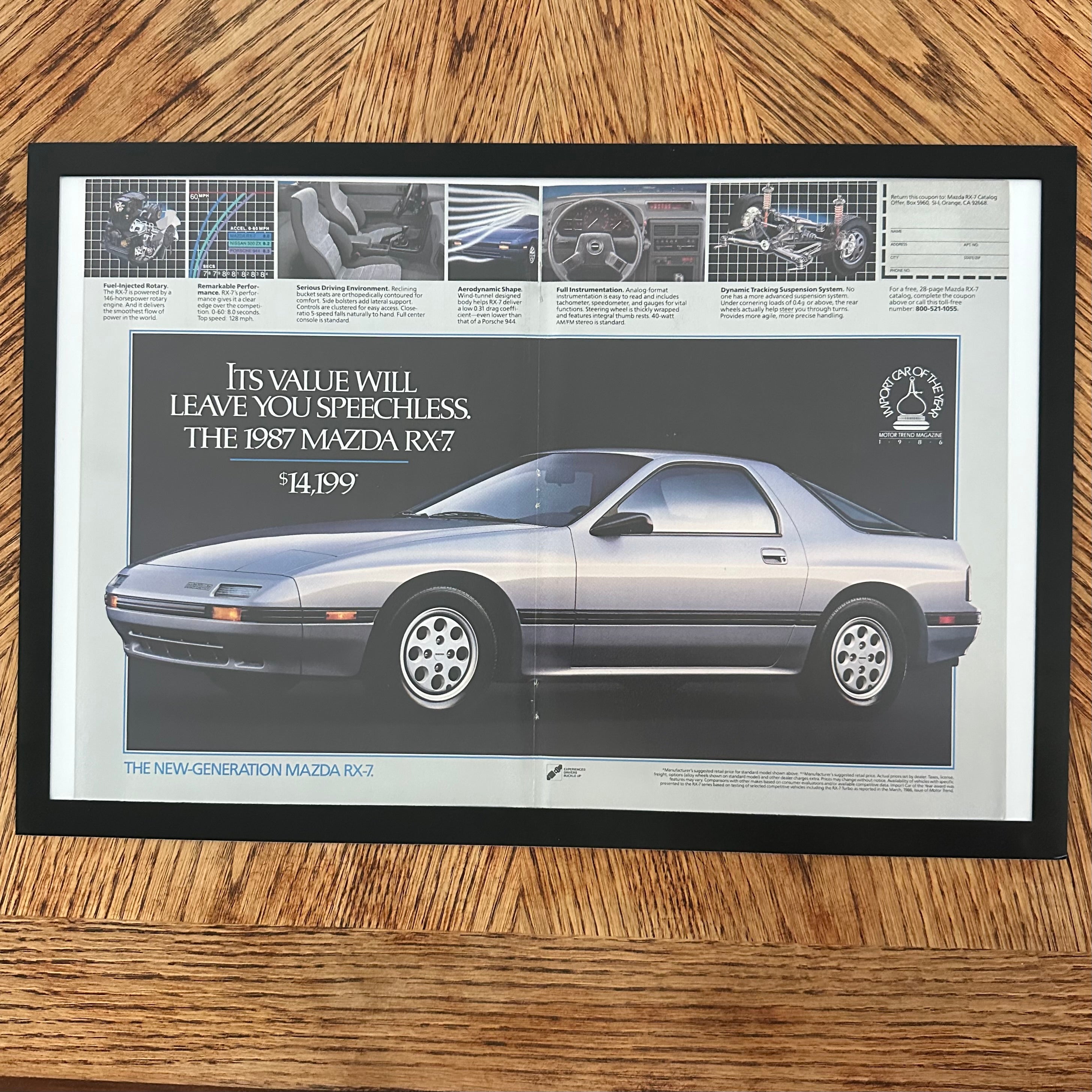 Framed vintage 1987 Mazda RX-7 double page magazine ad