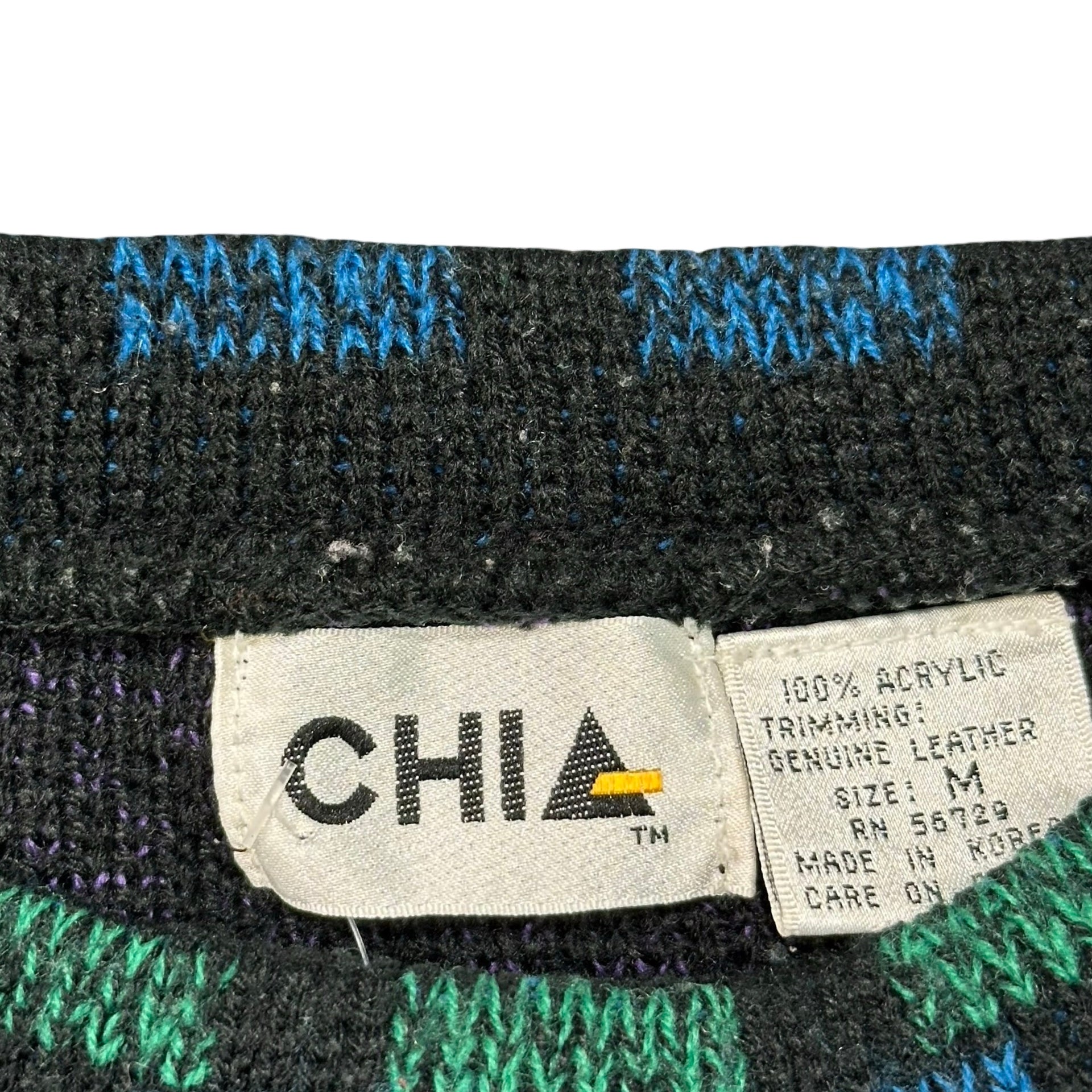 Vintage 80s Southwestern Geometric Leather Chevron Knit Sweater Black M
