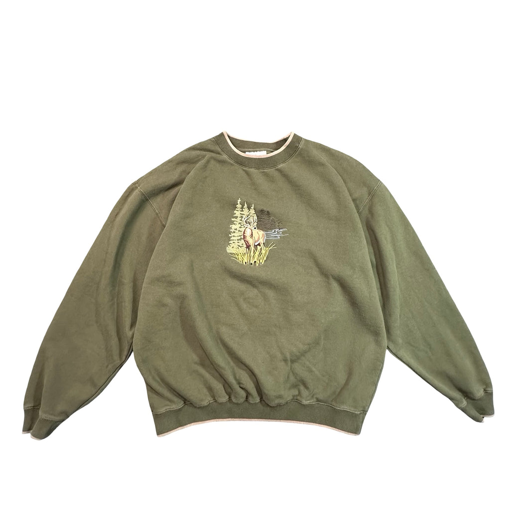 Vintage Whitetail Buck Nature Embroidered Sweatshirt Olive Green Mens XL