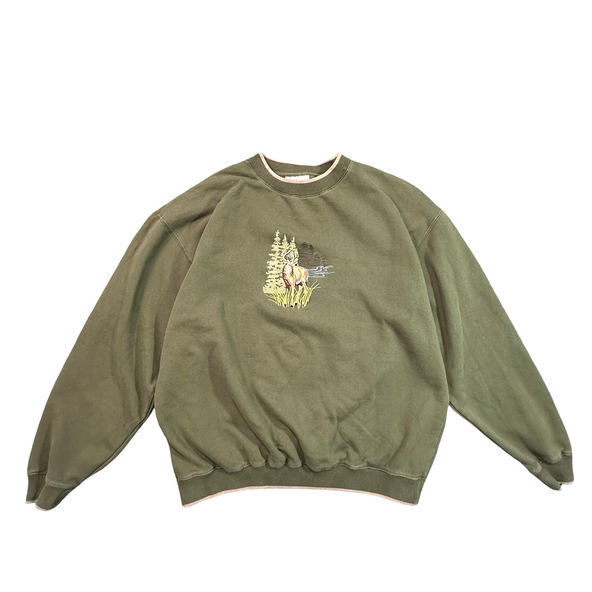 Vintage Whitetail Buck Nature Embroidered Sweatshirt Olive Green Mens XL